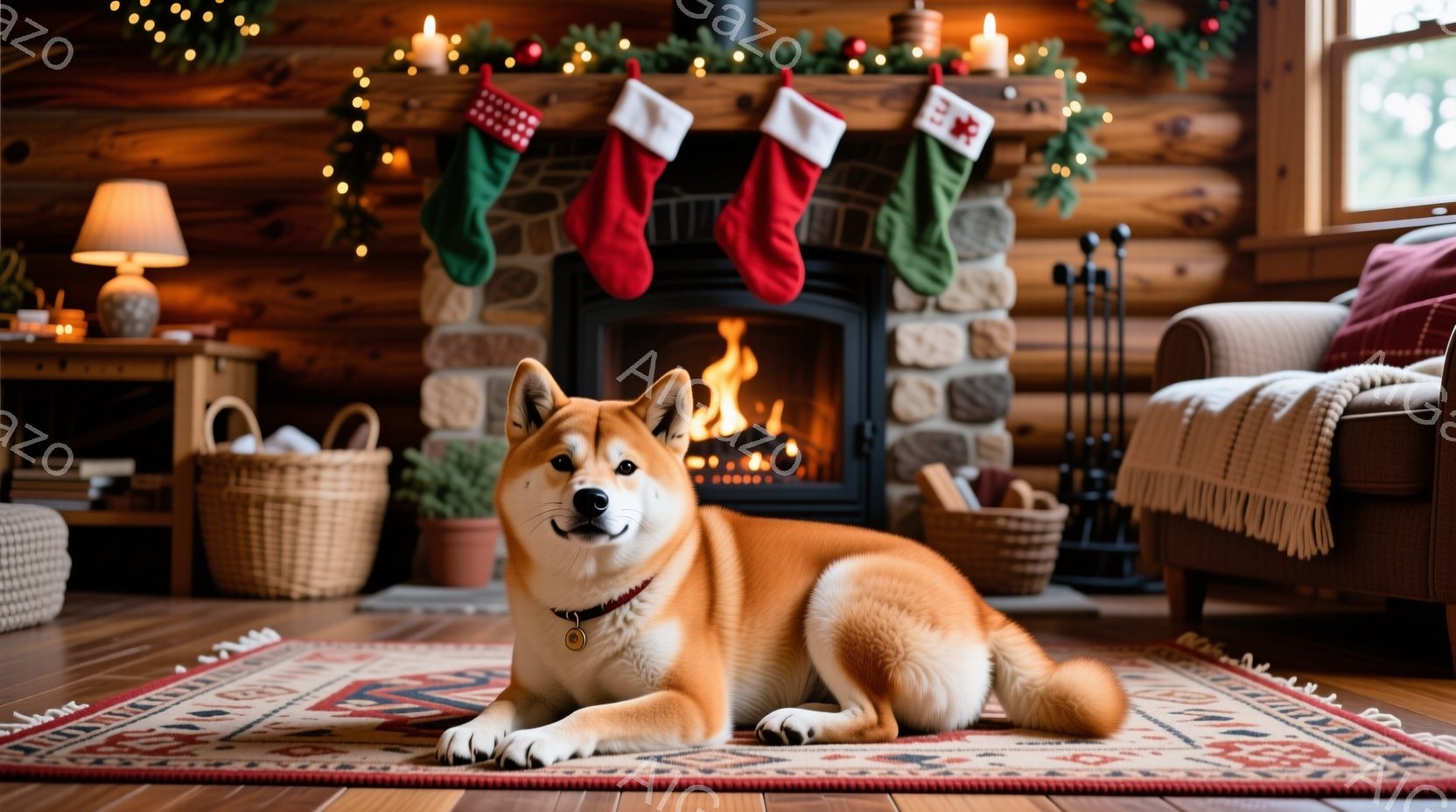 暖炉のある居間に柴犬が横たわっています。犬は首輪をつけ、穏やかな表情でカメラを見ており、その姿はリラックスしています。背景にはクリスマスデコレーションが施された暖炉、キリストマスの靴下、そして木のぬく - AI生成フリー素材