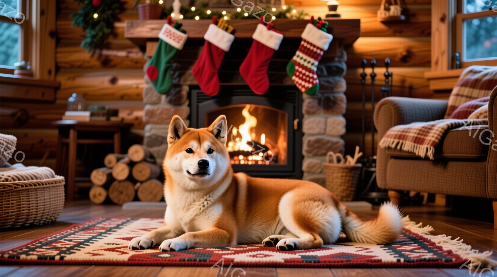暖炉の前で、オレンジ色の柴犬が敷かれた絨毯の上でリラックスして横たわっています。背景には石造りの暖炉、クリスマスの靴下、木材の山、そして木製の家具が見え、温かく居心地の良い雰囲気を作り出しています。窓 - AI生成フリー素材