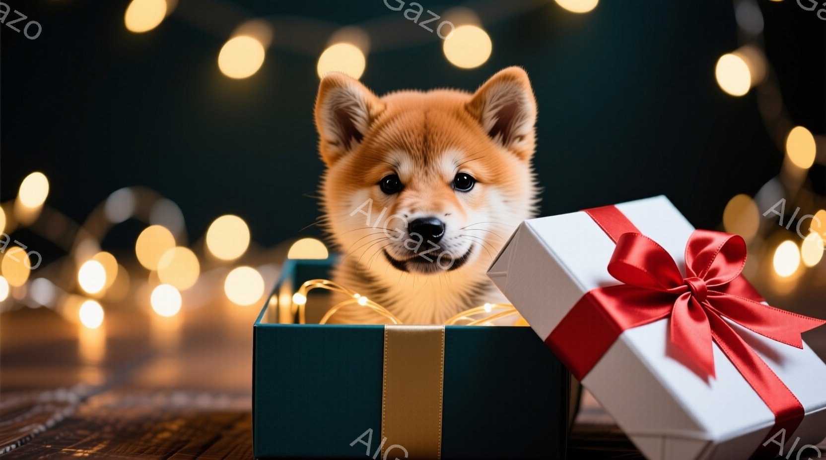 鮮やかな背景に、小さな柴犬がプレゼントボックスから顔を出している写真です。柴犬は明るい表情でカメラを見つめ、贈り物と光のイルミネーションに囲まれています。全体的に暖かく、お祝いムードに満ちた雰囲気です - AI生成フリー素材