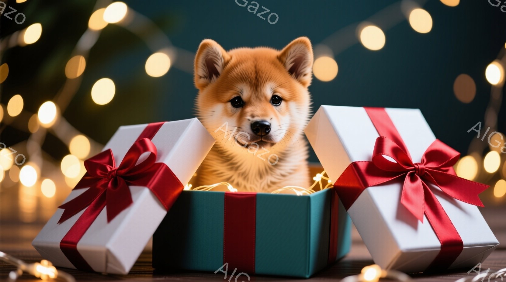 柴犬の子犬が、赤いリボンで飾られた白いギフトボックスとターコイズブルーのギフトボックスの中に座っています。子犬は正面を見ており、少し驚いたような、可愛らしい表情をしています。背景はぼやけた黄色の光で、 - AI生成フリー素材