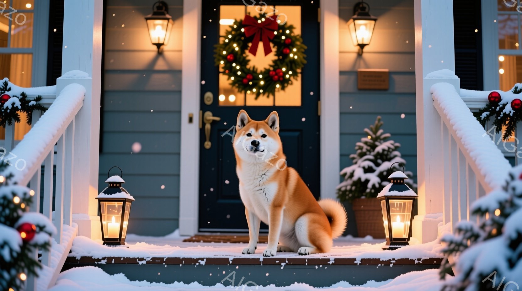 雪がちらつく中で、茶色の柴犬が家の階段に座ってこちらを見ています。家の入り口にはクリスマスリースが飾られ、両脇には灯りがともったランタンが置かれ、冬の暖かく穏やかな雰囲気を醸し出しています。背景には白 - AI生成フリー素材
