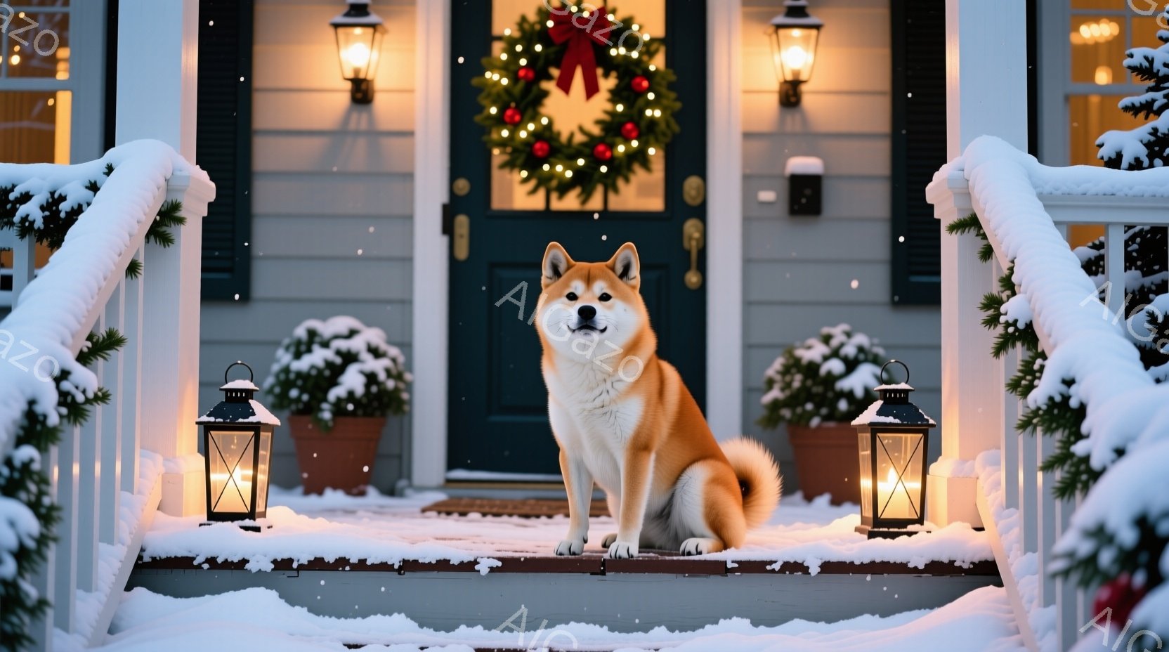 雪が降り積もる家の階段に、赤茶色の柴犬が座っています。正面のドアにはクリスマスリースが飾られ、両脇には灯りがともったランタンが置かれています。背景は薄暗く、クリスマスの静かで温かい雰囲気が漂っています - AI生成フリー素材