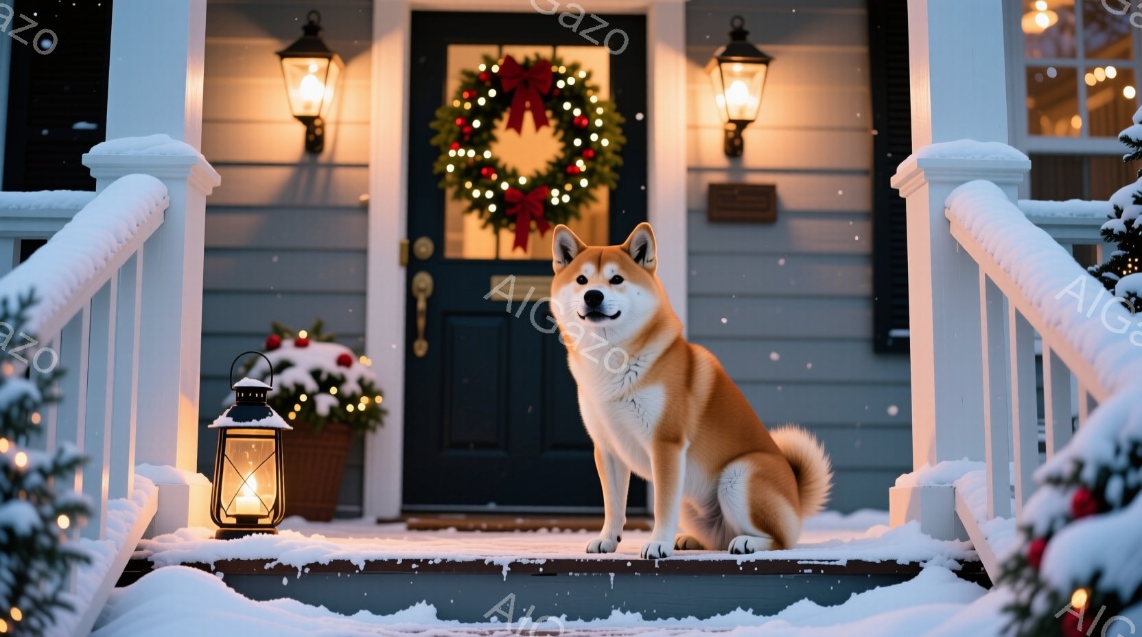 雪が降る中、玄関の階段に柴犬が座って正面を見つめている。正面のドアにはクリスマスリースが飾られており、両脇にランタンが灯っている。白く雪化粧された玄関周りと、温かい光がクリスマスの雰囲気を盛り上げてい - AI生成フリー素材