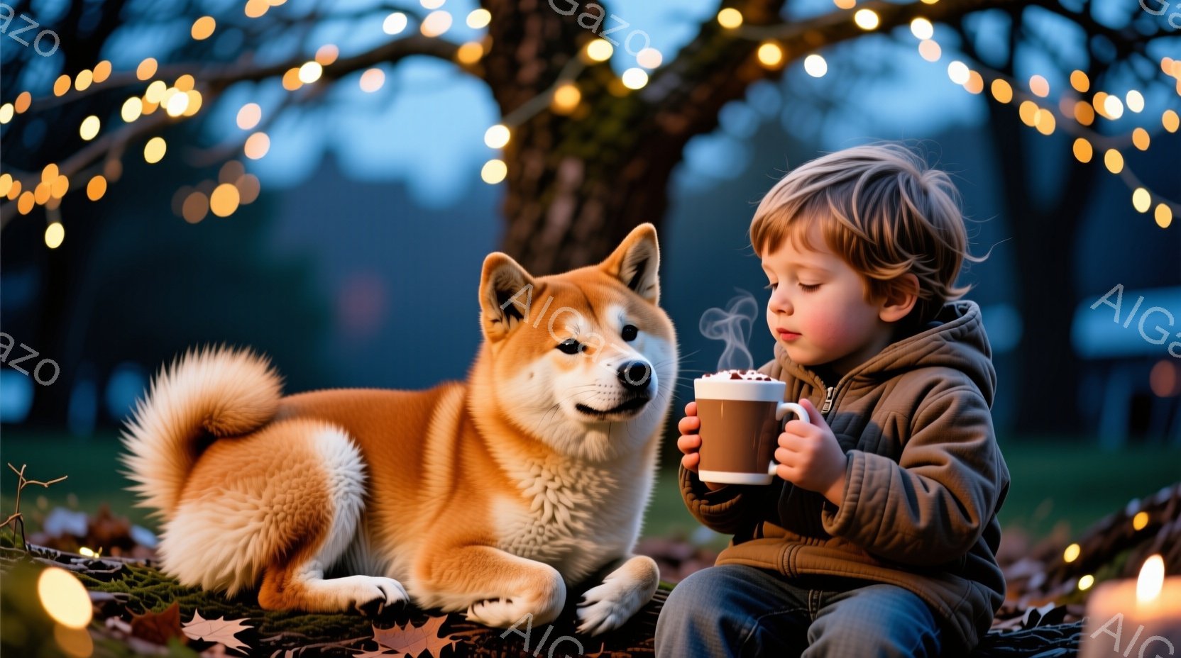 金髪の少年は茶色のパーカーを着て、地面に座り、湯気が立ち上るマグカップを両手で握っています。隣には柴犬が横たわり、少年の方を見て穏やかな表情を浮かべています。背景には木々があり、暖かい光が灯された電飾 - AI生成フリー素材