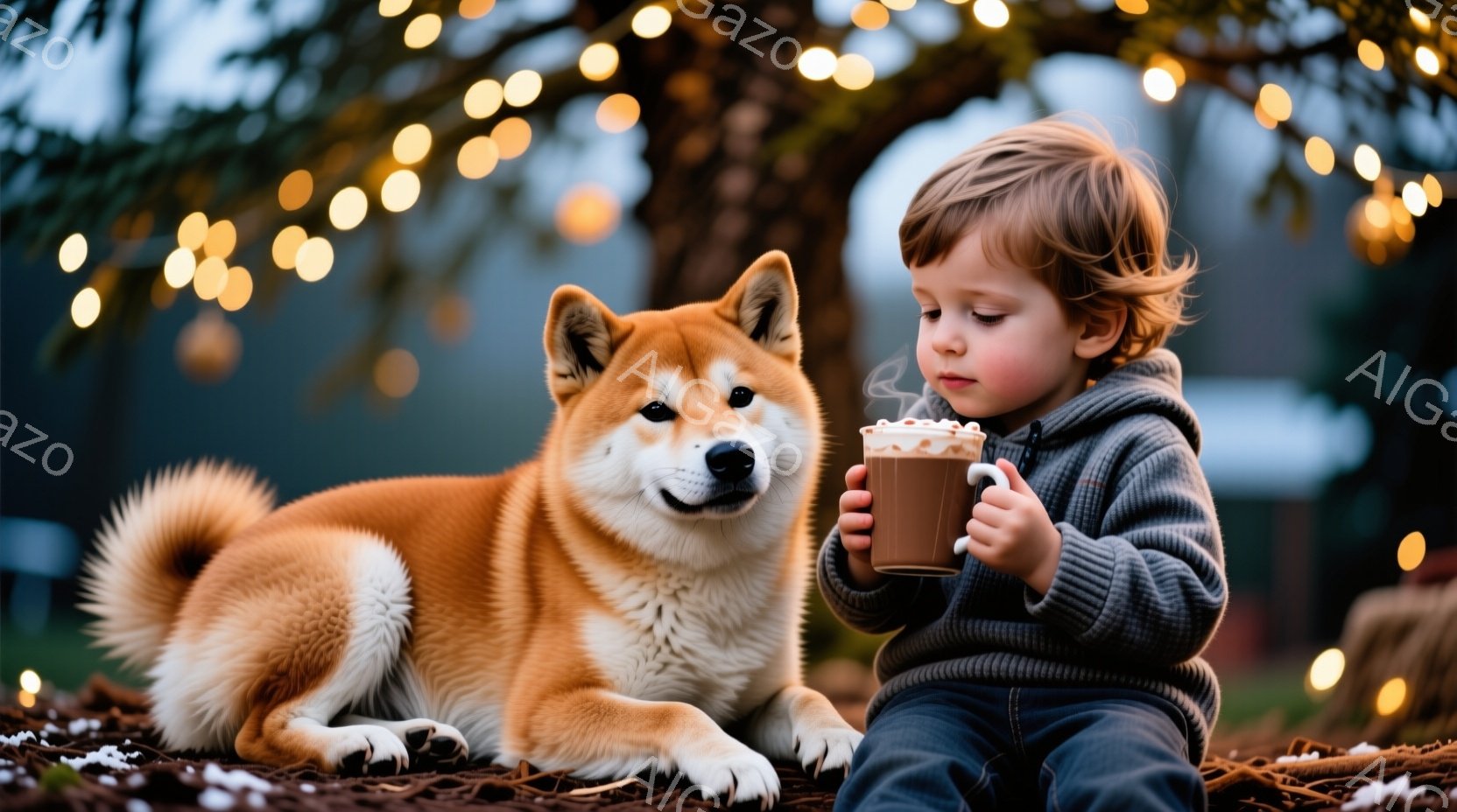 小さな男の子が温かい飲み物を手に持ち、シバ犬が横たわっています。男の子はカーキ色のセーターとジーンズを着ており、巻き毛の髪型で、飲み物に集中した表情をしています。背景にはぼやけた木々と、温かい光を放つたくさんの小さなライトがあり、全体的に穏やかで心地よい雰囲気が漂っています。