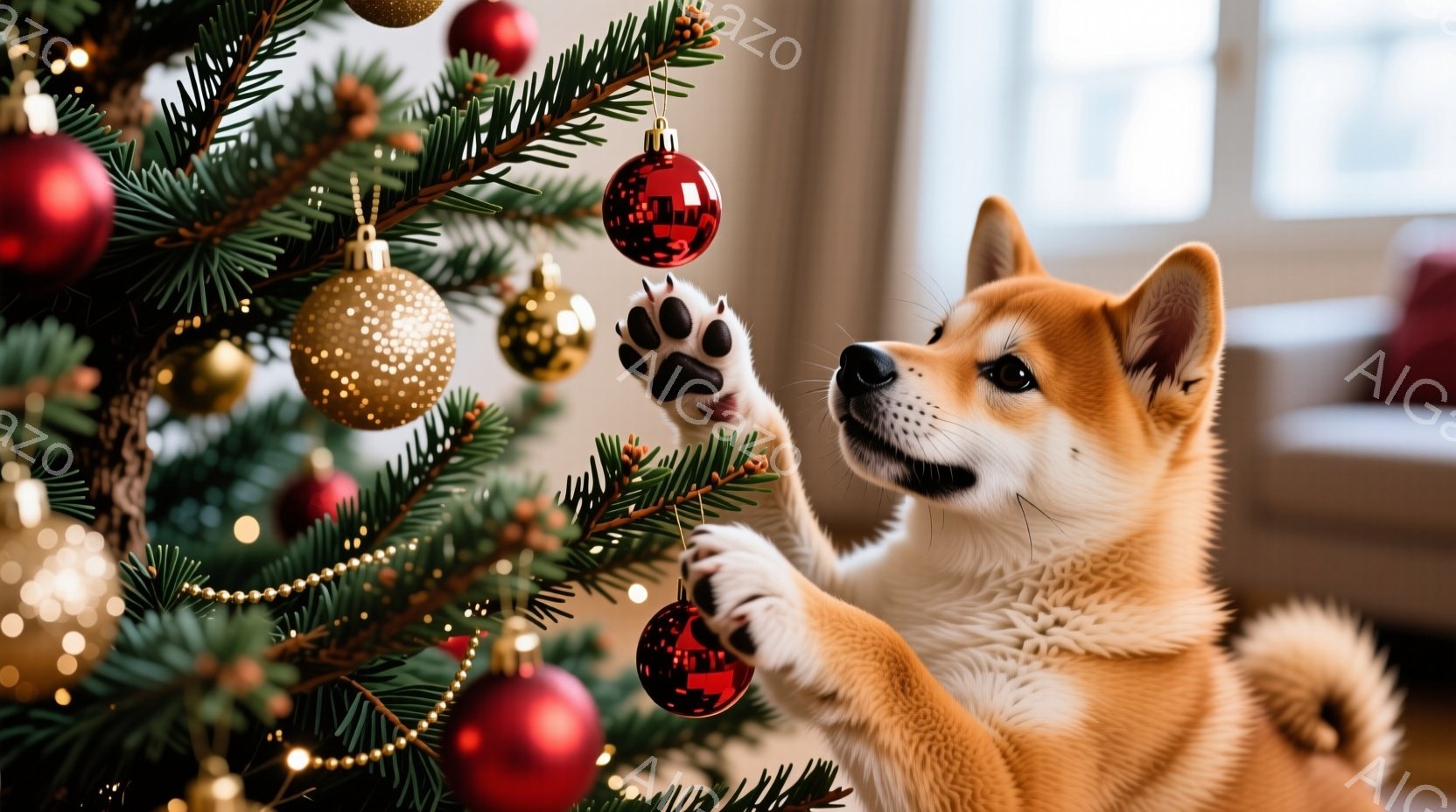 柴犬の子犬がクリスマスツリーの飾りを前足で触ろうとしている姿が写っています。暖かく光り輝くオーナメントに囲まれ、子犬は上を見上げて楽しそうな表情をしています。背景はぼかされており、家庭的な温かい雰囲気 - AI生成フリー素材