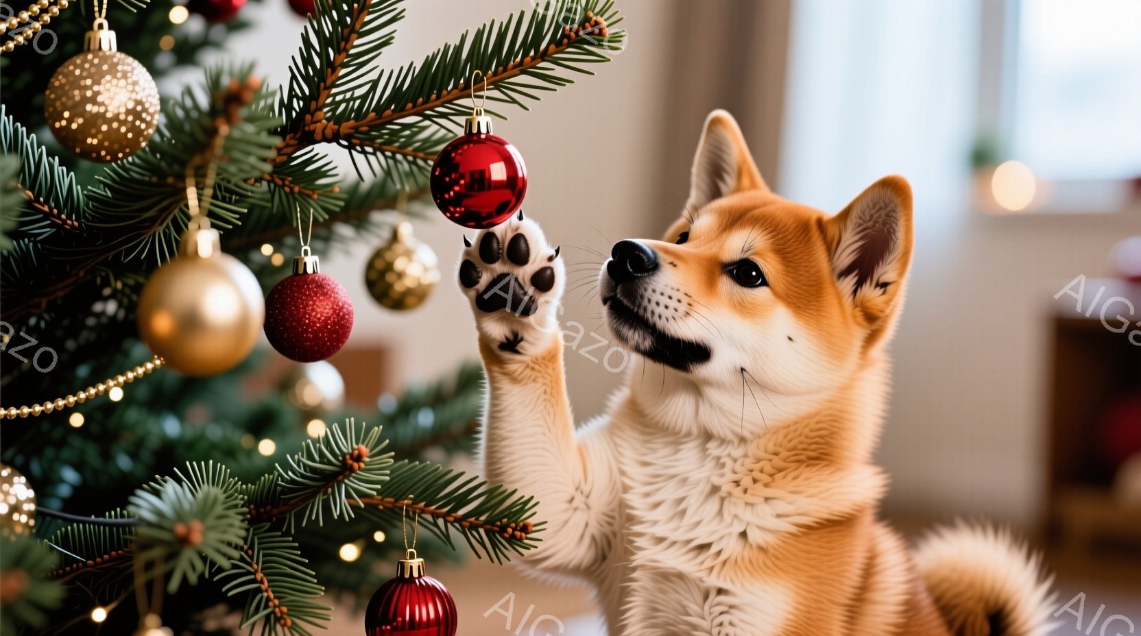 柴犬の子犬がクリスマスツリーの枝に手を伸ばし、赤いオーナメントを爪で軽く押さえています。毛並みは暖色系の茶色で、顔には楽しそうな表情が浮かんでいます。背景には緑色のツリーの葉や他のオーナメントが見え、 - AI生成フリー素材