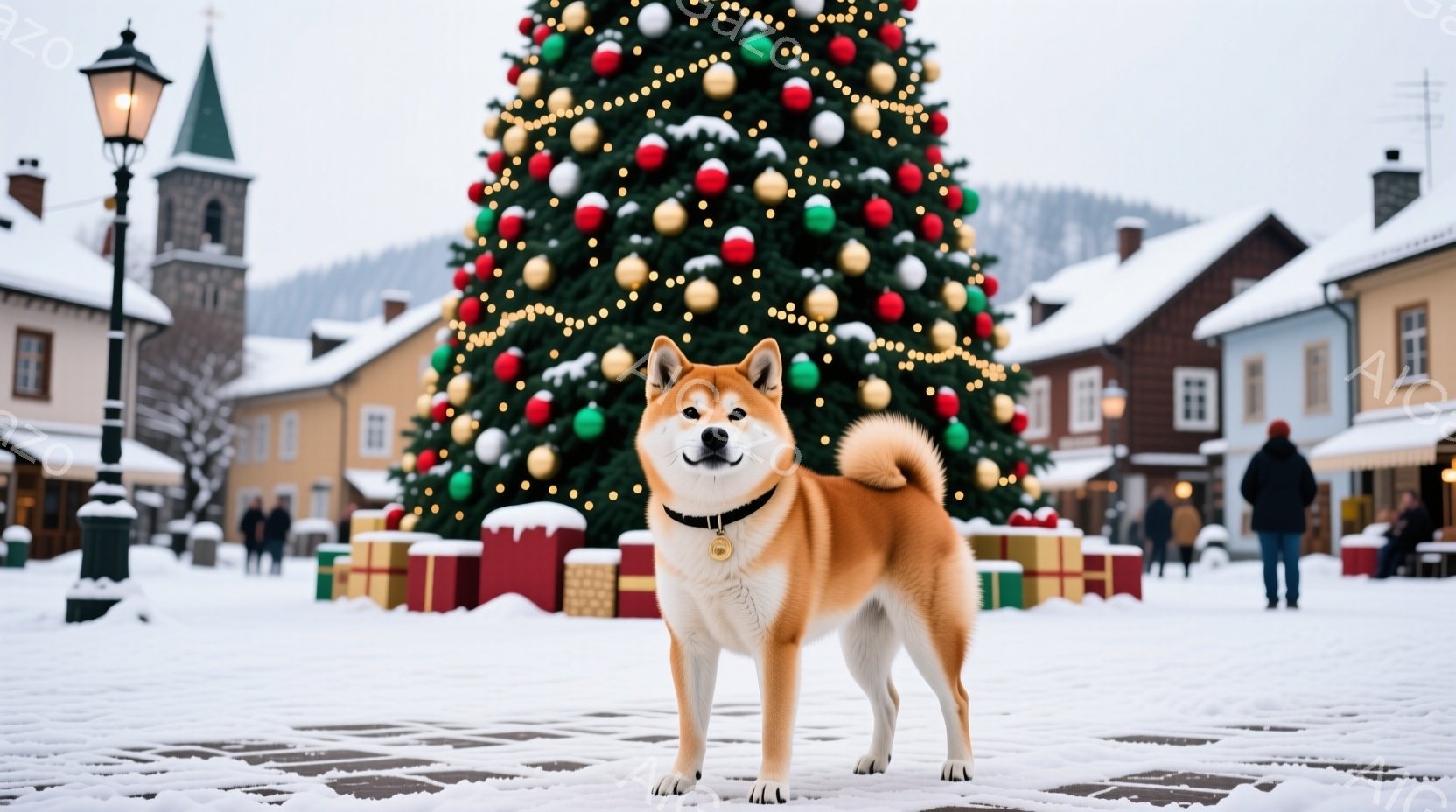 雪が降る広場に、柴犬が立っている。赤い首輪をつけており、自信に満ちた表情で正面を見つめている。背景にはクリスマスツリー、プレゼントの箱、雪景色の中の建物が見え、お祭り気分と冬の静けさが混ざり合った雰囲 - AI生成フリー素材