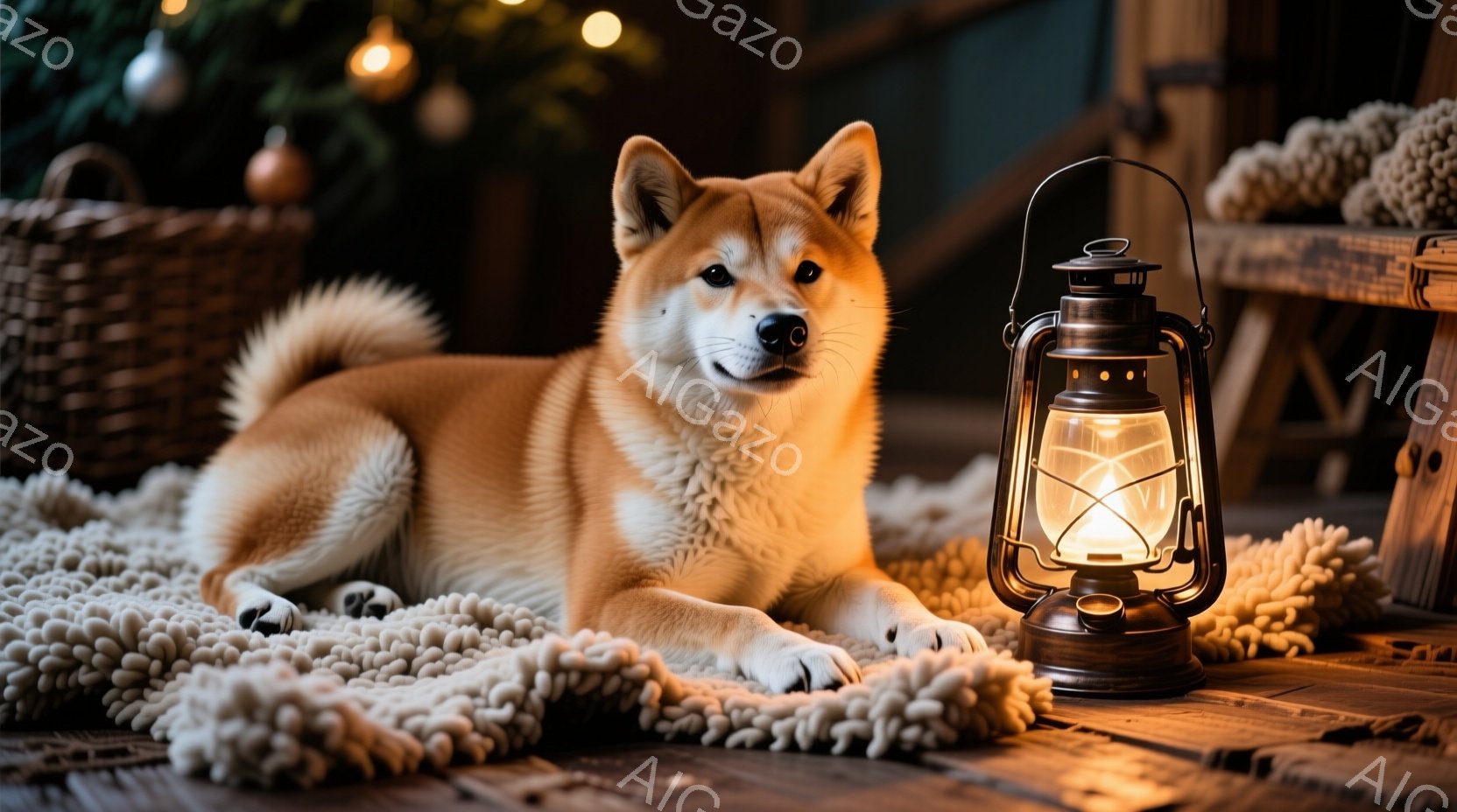 柴犬が、ふわふわのクリーム色のラグの上に横たわっています。背景にはクリスマスツリーと、アンティーク調のランタンが暖かく光っており、穏やかで心地よい雰囲気を醸し出しています。犬はリラックスした表情で、静かで平和な冬の夜を思わせます。