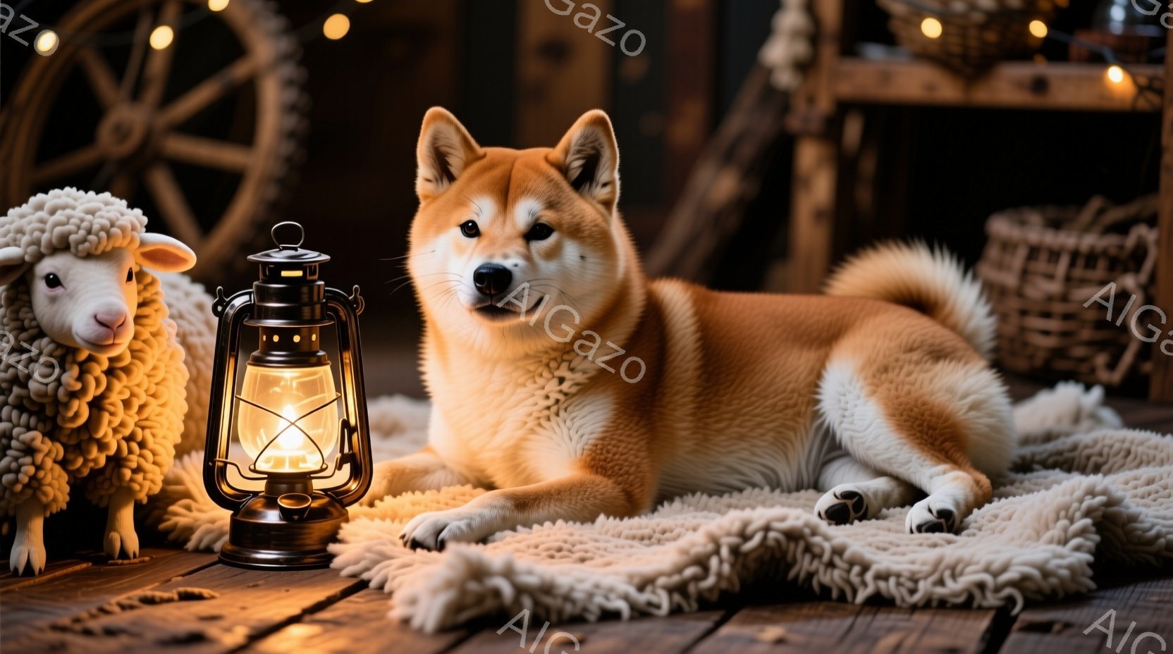 暖炉のような光が灯る木製の床の上に、柴犬がリラックスして横たわっています。隣にはふわふわの羊のぬいぐるみが置かれ、背景にはバスケットや車輪のようなものがぼんやりと見えます。全体的に温かく、落ち着いた雰囲気で、冬の夜のような情景が広がっています。