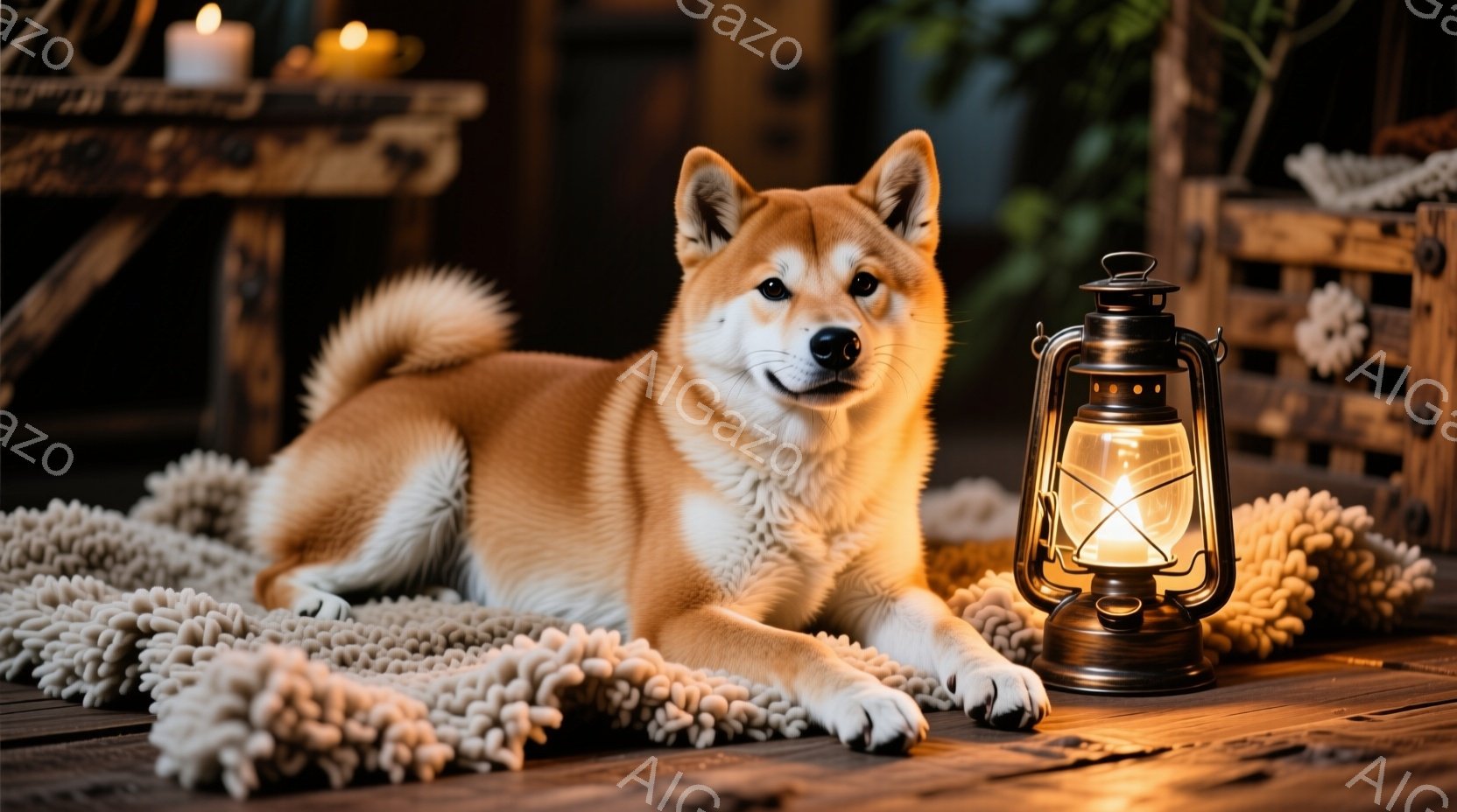 柴犬がふわふわのラグの上に横たわっており、リラックスした様子でこちらを見ています。背後には、キャンドルとランタンが置かれ、木製の背景が暖かく、落ち着いた雰囲気を醸し出しています。全体的に、温かく、穏や - AI生成フリー素材