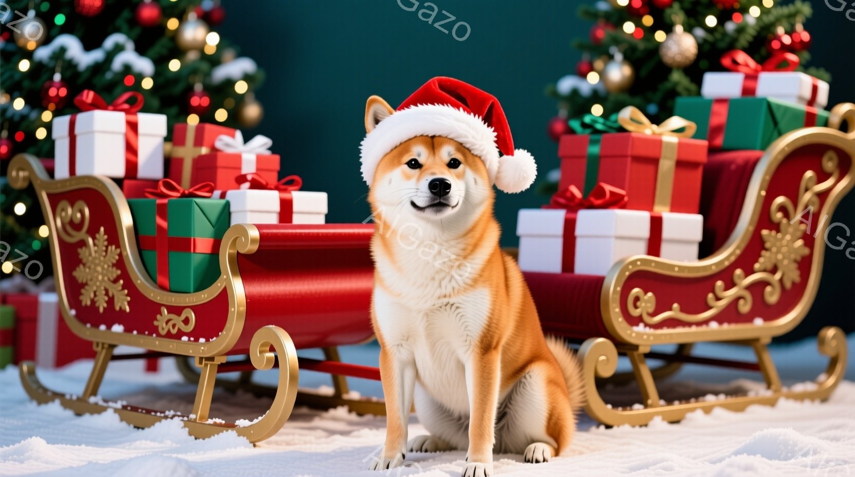 柴犬が赤いサンタ帽をかぶり、雪の上に置かれた赤いそりに座っています。背景には、色とりどりの包装紙で飾られたプレゼントの山と、キラキラと輝くクリスマスツリーが見え、冬の暖かく楽しい雰囲気を醸し出していま - AI生成フリー素材