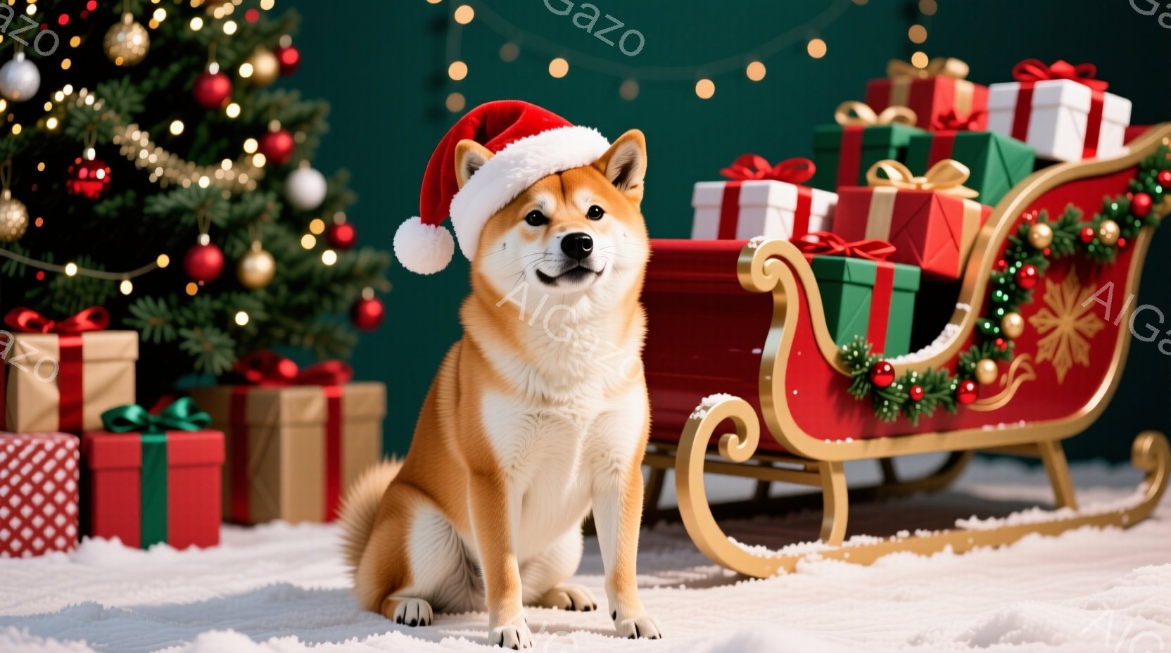 柴犬がサンタ帽をかぶり、雪の上に座っています。背景には、プレゼントが積み上げられた赤いそりが置かれ、緑色のクリスマスツリーが飾られています。全体的に温かく、お祝いムード満点の雰囲気です。 - AI生成フリー素材