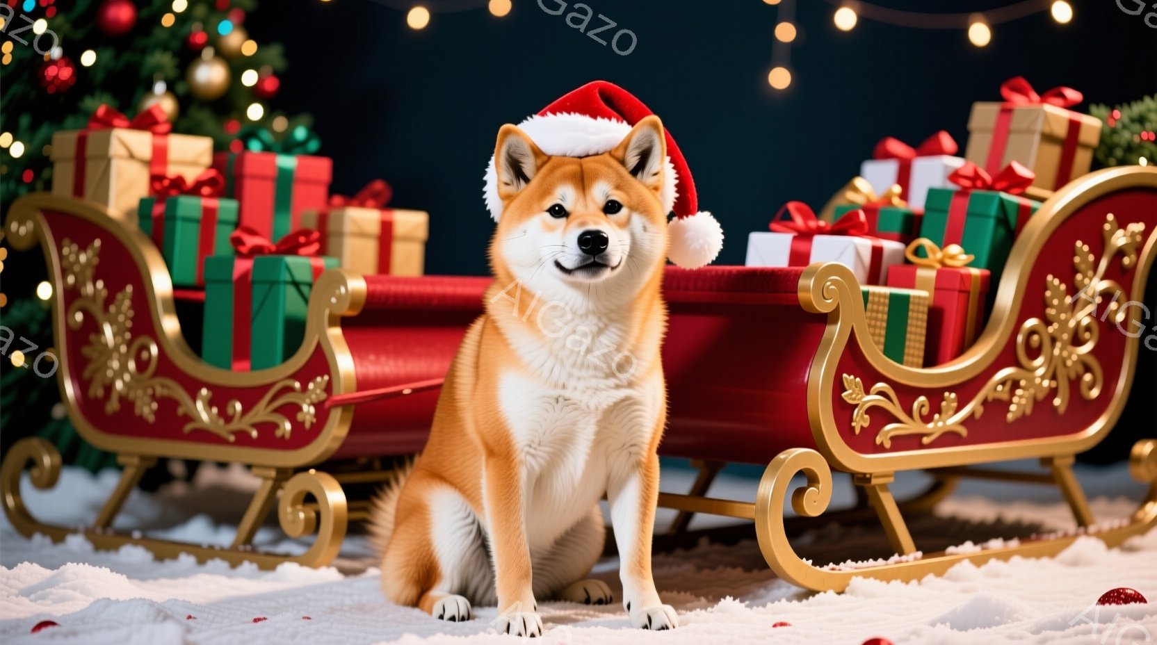クリスマスソリに座った柴犬が写っています。柴犬は赤いサンタの帽子を被っており、前をまっすぐ見ており、穏やかで可愛らしい表情をしています。背景には、色とりどりのプレゼントが積み上げられ、雪が積もった地面 - AI生成フリー素材