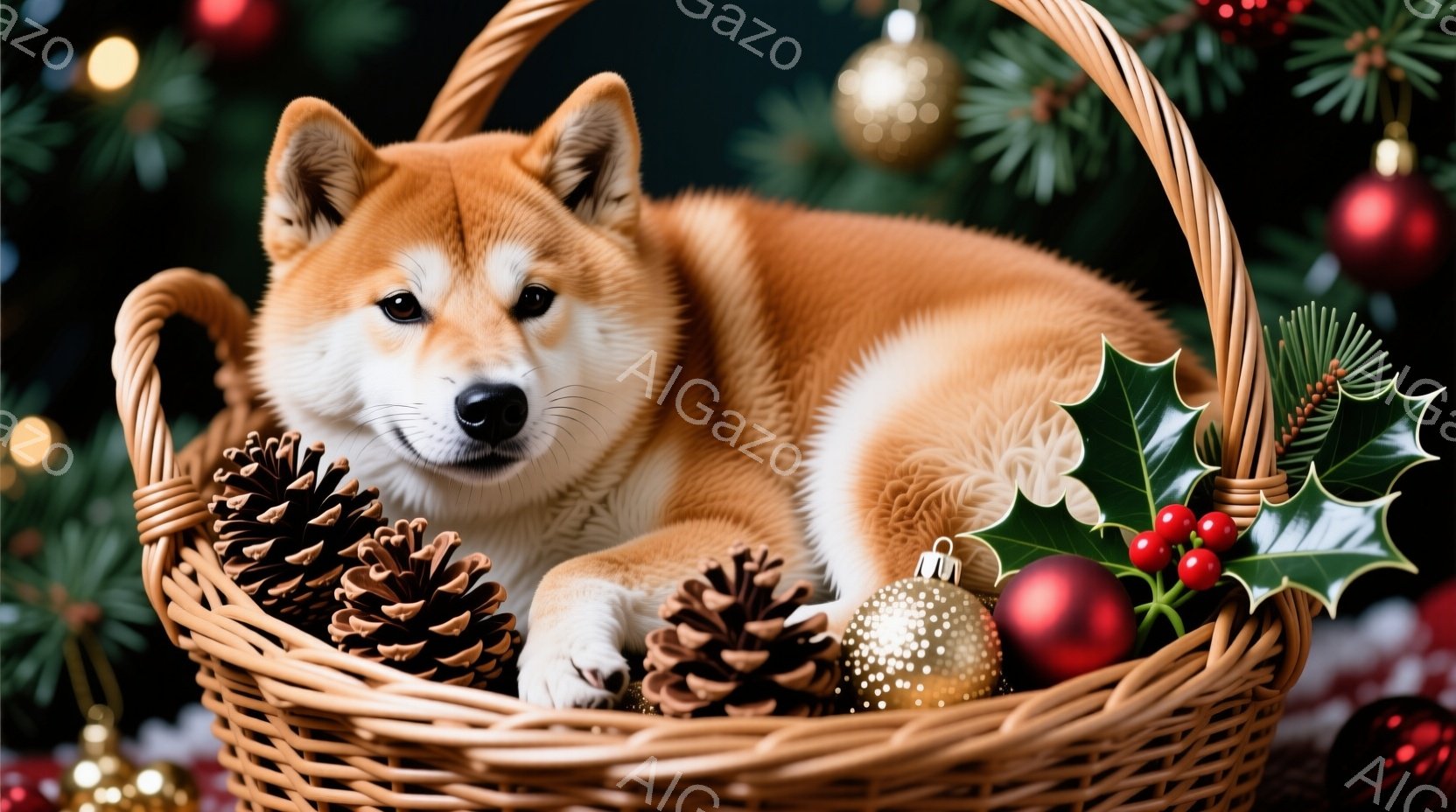 柴犬の子犬が、きらきらと光るクリスマスライトに囲まれて床に横たわっています。嬉しそうな表情で口を開け、前足を広げ、リラックスした様子です。背景には、ベージュのソファと薄暗い室内が映り、温かく穏やかな雰 - AI生成フリー素材