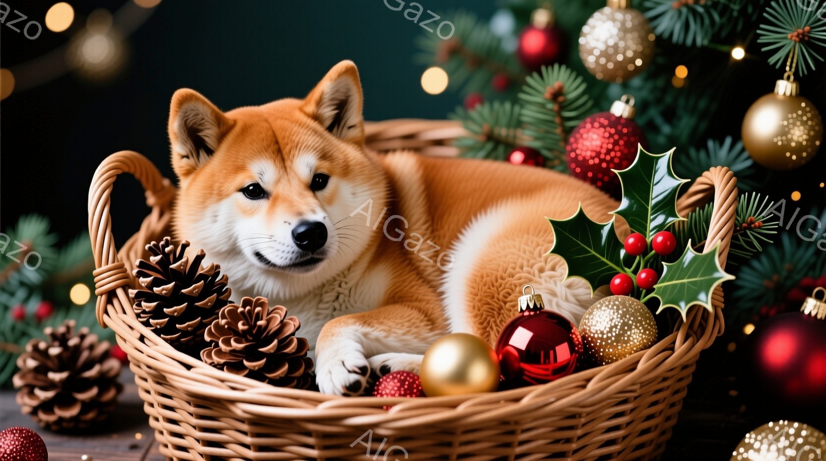 柴犬が柔らかい敷物の上で、点灯したクリスマスライトに包まれて横たわっています。その表情は穏やかで、リラックスした様子が伝わってきます。背景はぼかされており、暖色系の照明が温かく、居心地の良い雰囲気を醸し出しています。