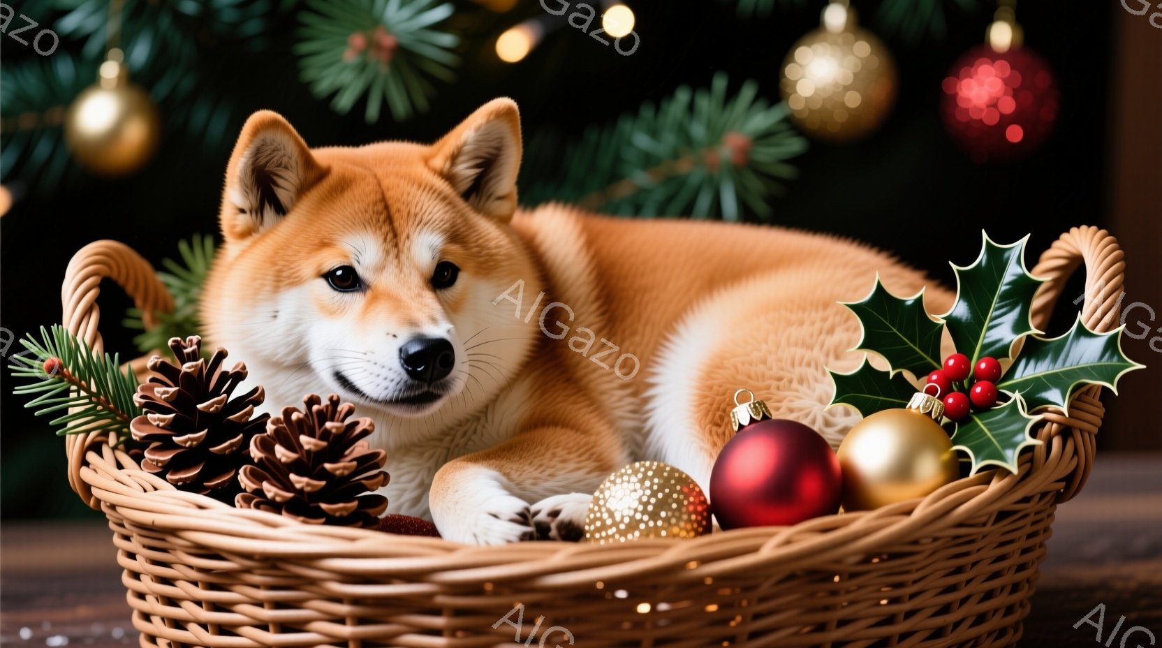 暖炉のそばで、可愛らしい柴犬がバスケットの中に横たわっています。バスケットの中には、松ぼっくりやクリスマスオーナメントが飾られ、犬の周りを彩っています。背景には、ぼんやりとしたクリスマスツリーの緑と、 - AI生成フリー素材
