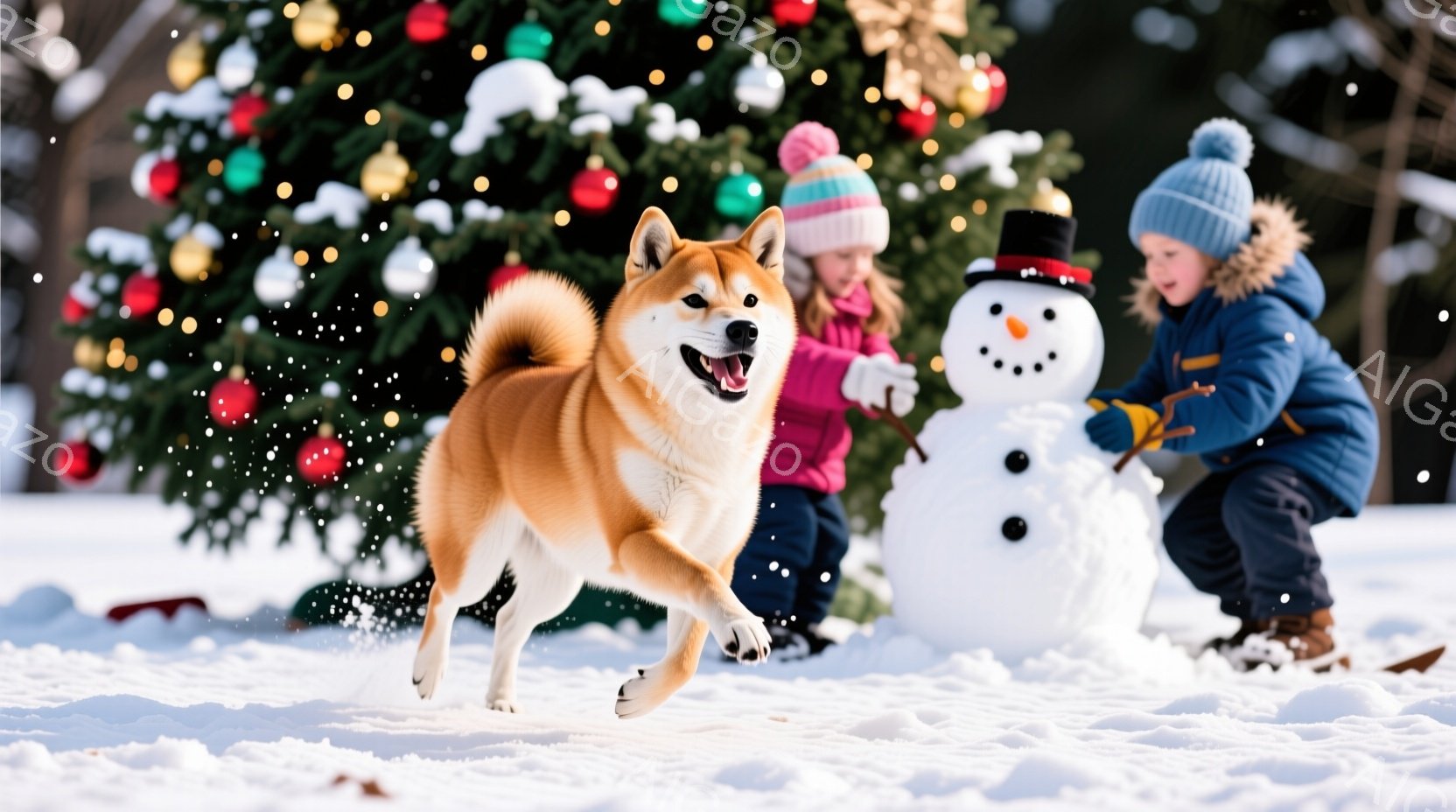 雪景色の中で、柴犬が嬉しそうに走り回っている。二人の子供たちは、帽子をかぶり、雪だるみを作っているようで、楽しそうな雰囲気が伝わってくる。背景には、飾り付けられたクリスマスツリーがあり、冬の暖かく、幸 - AI生成フリー素材