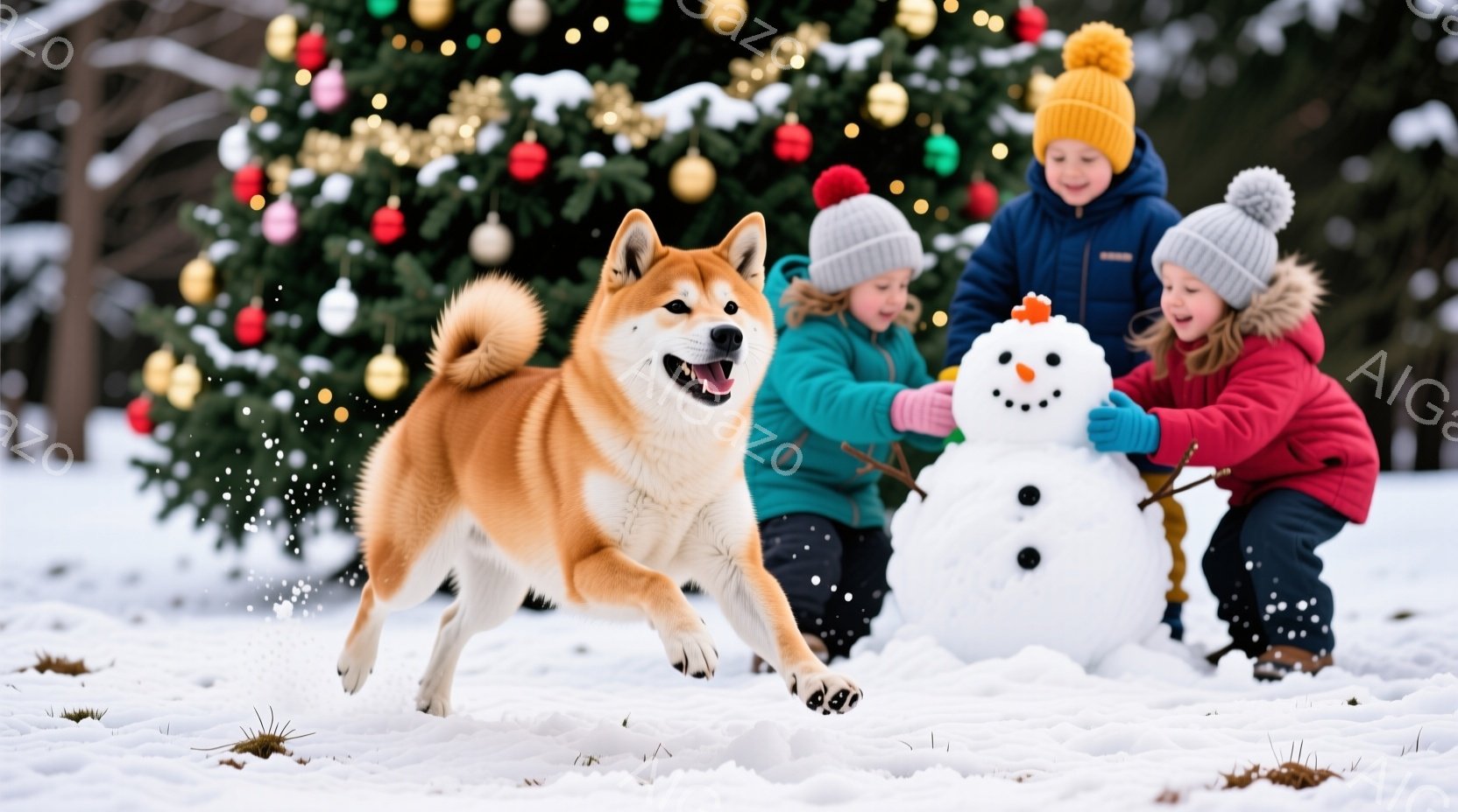 雪景色の中で、笑顔の柴犬が走り、二人の子供たちが雪だるまを作っています。子供たちはニット帽をかぶり、それぞれ青と赤の暖かいジャケットを着ています。背景にはクリスマスツリーが飾られ、雪が舞う冬の暖かく幸 - AI生成フリー素材