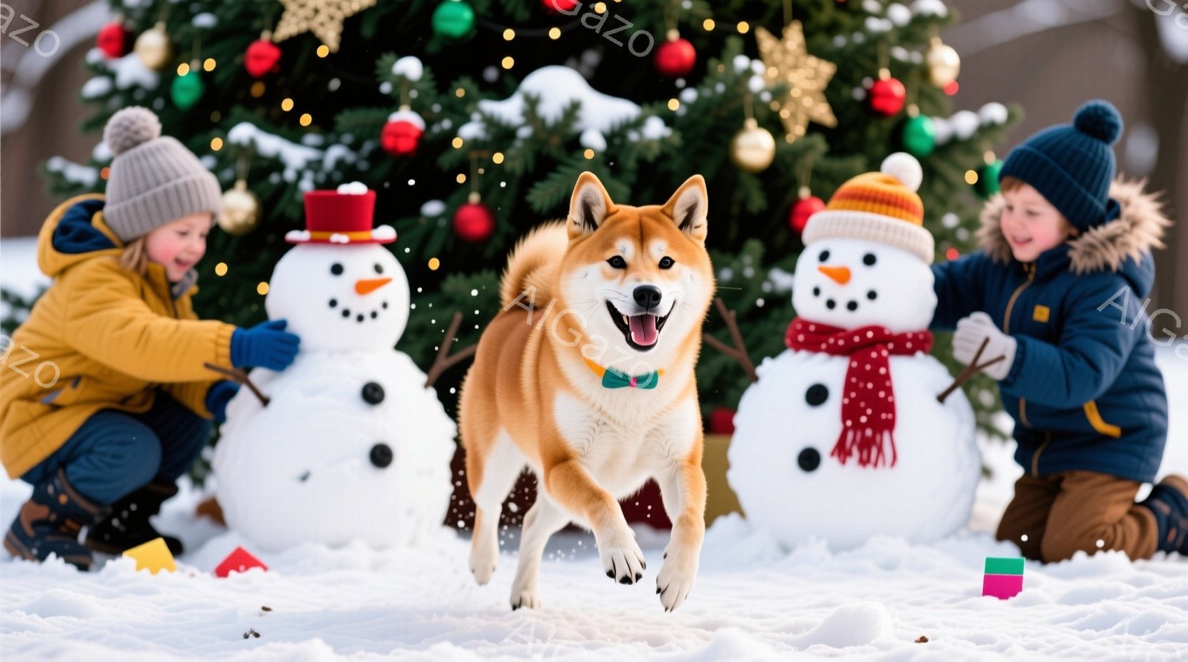 雪景色の中で、明るい笑顔の柴犬がこちらに向かって走ってきている。左右には、頭に帽子を被り、人参の鼻とボタンの目を持つ雪だるみが並び、小さな子供たちがそれぞれ雪だるみの手に枝を持たせている。背景にはクリスマスツリーが飾られ、雪が舞う冬の温かく幸せな雰囲気が漂っている。