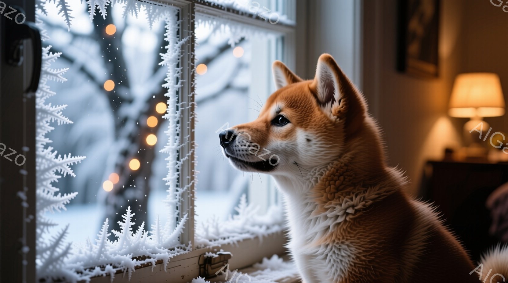 窓辺に座って外を眺める秋田犬が写っています。窓には雪の結晶のような模様が描かれており、外は雪が降ってイルミネーションが灯っています。暖炉の光と犬の柔らかな毛並みが、温かく穏やかな雰囲気を醸し出していま - AI生成フリー素材