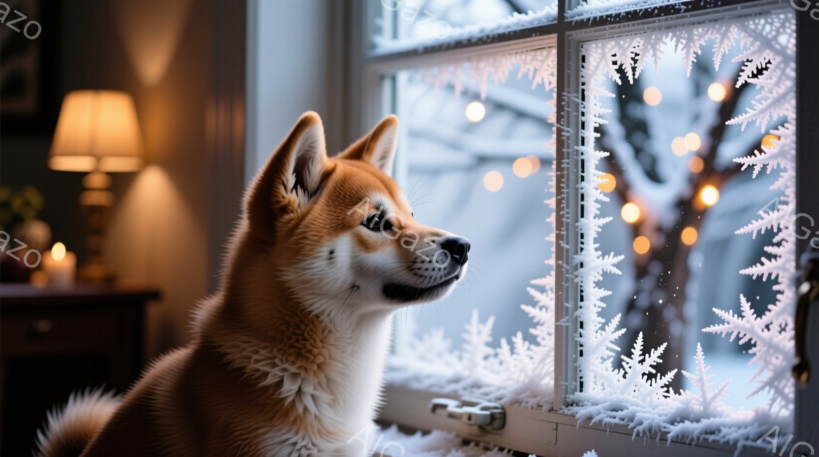柴犬が窓辺に座り、外を見つめています。窓には雪の結晶が描かれており、外は雪が降る冬の風景が広がっています。室内は暖かく、テーブルランプの光が柔らかく、穏やかな雰囲気を醸し出しています。