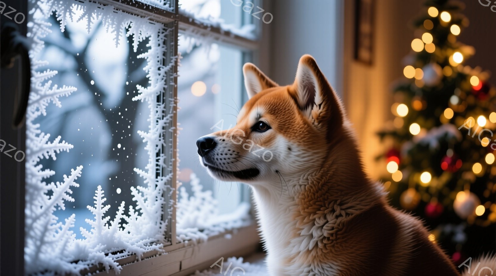 雪景色が見える窓辺で、茶色の柴犬が外を眺めています。犬はリラックスした姿勢で、少し上を見上げて何かを期待しているような表情をしています。背景にはぼやけたクリスマスツリーの光があり、暖かく穏やかな冬の雰 - AI生成フリー素材