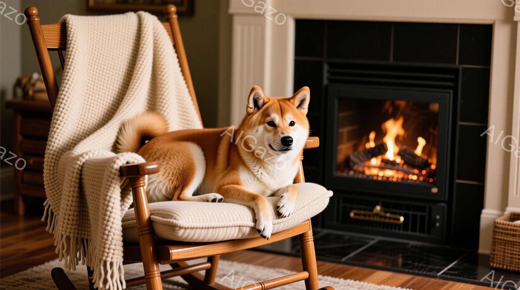 温かい色合いの柴犬がロッキングチェアにゆったりと座っており、まるでリラックスした主人のようです。背景には暖炉があり、炎が暖かく灯って、居心地の良い雰囲気を醸し出しています。部屋は木製の床と落ち着いた色 - AI生成フリー素材