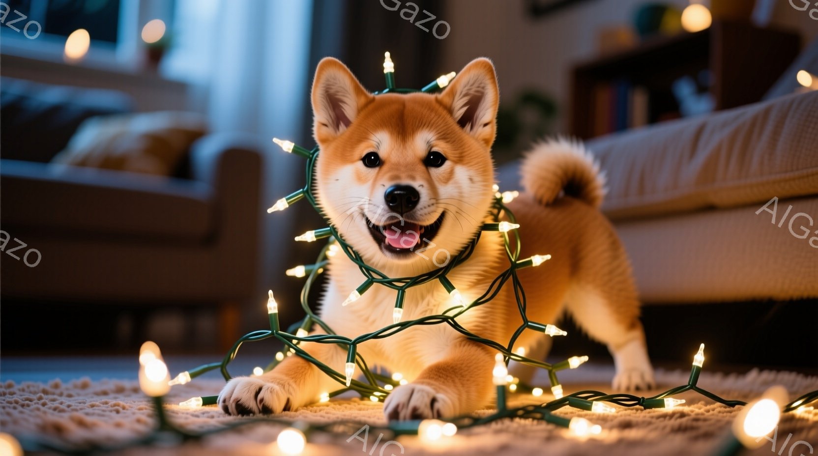 柴犬の子犬が、クリスマスのイルミネーションライトに囲まれて床に横たわっています。嬉しそうな表情で口を開けており、明るい茶色の毛並みがライトに照らされています。背景にはベージュのソファが見え、部屋全体が - AI生成フリー素材