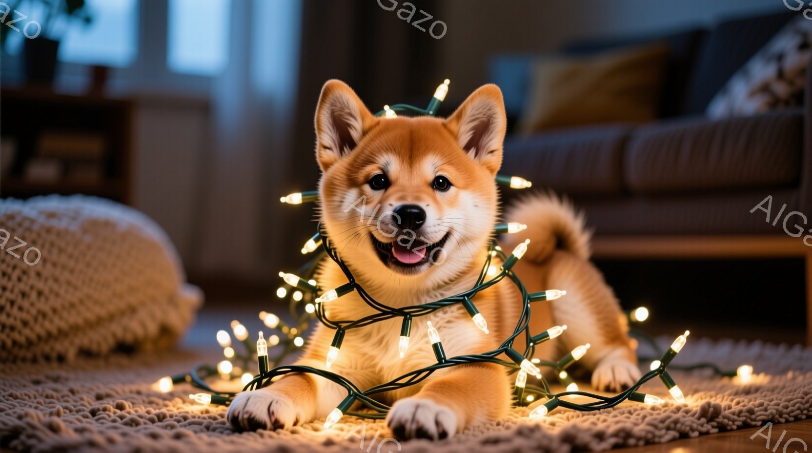 柔らかい毛並みの柴犬の子犬が、クリスマスのイルミネーションライトにくるまれて、カーペットの上に横たわっています。子犬は口を開けて笑顔を見せ、とても楽しそうな表情をしています。背景には、ソファと家具が見 - AI生成フリー素材