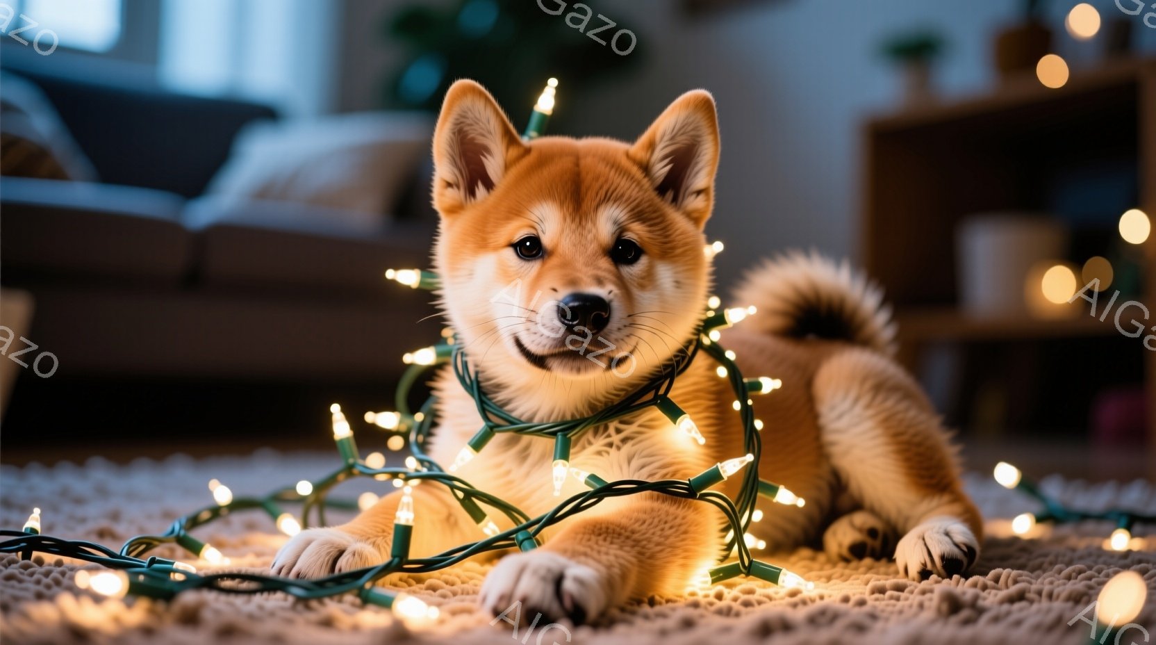 シバ犬の子犬が、ふわふわのカーペットの上に仰向けになり、クリスマスライトに身を包んでいます。子犬はリラックスした表情で、前足を伸ばし、可愛らしい姿を見せています。背景は少し暗く、ぼやけた家具が見え、暖かく穏やかな雰囲気を醸し出しています。