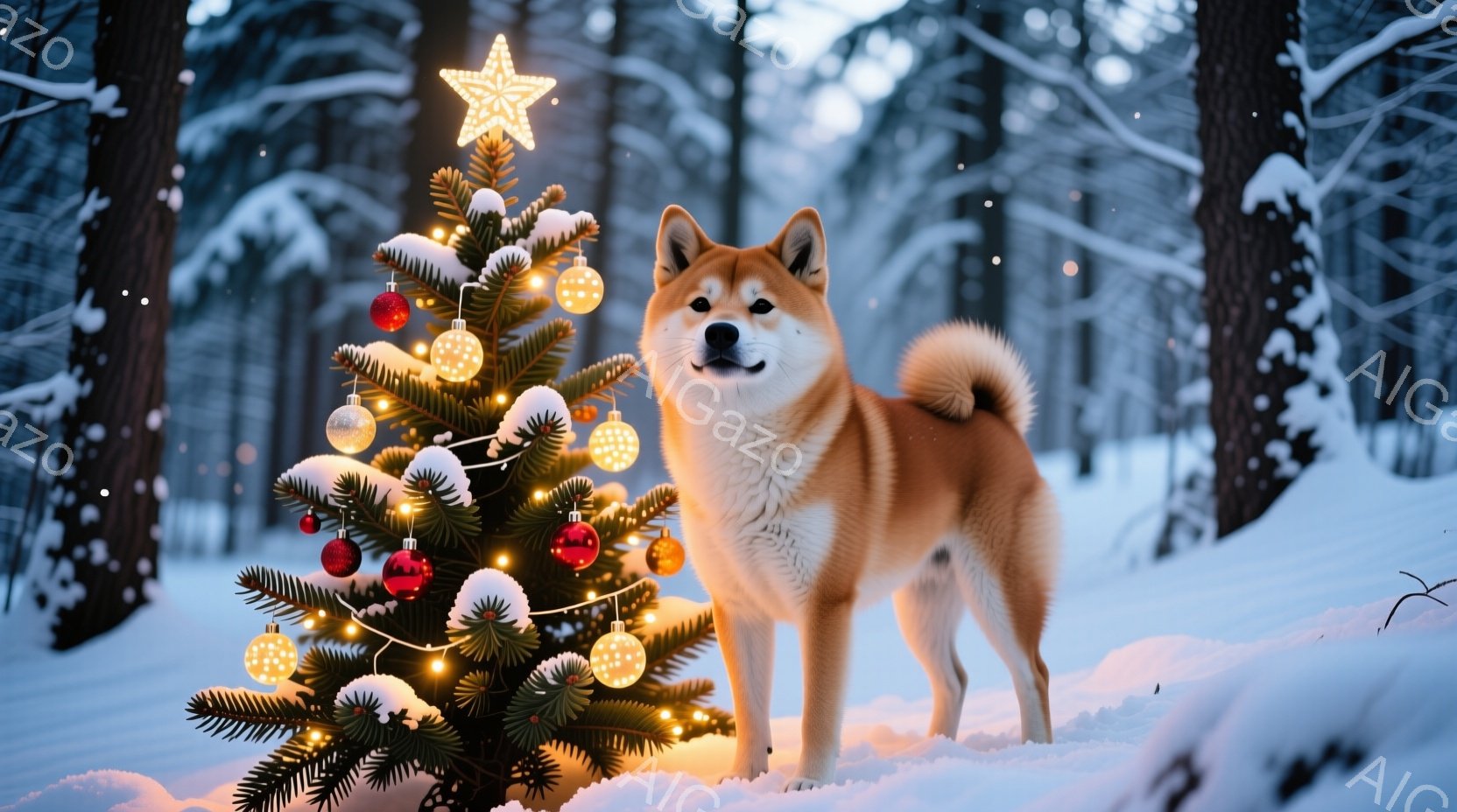 雪景色の中に、飾り付けられたクリスマスツリーと柴犬が立っている。柴犬は落ち着いた表情で正面を見据え、ふっくらとした毛並みが冬の寒さを和らげている。背景は雪に覆われた森林で、穏やかで温かいクリスマスの雰 - AI生成フリー素材