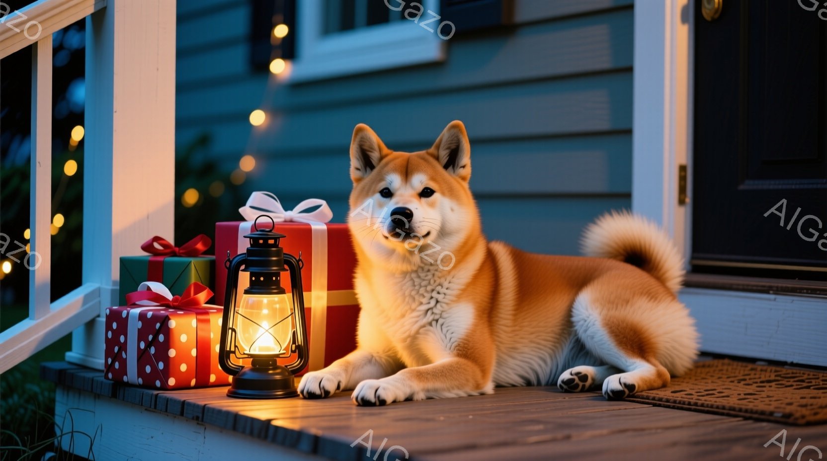 鮮やかな赤色のプレゼントボックスが積み重ねられ、その隣には点灯したランタンが置かれている木製のベランダで、柴犬がリラックスして横たわっている。犬は暖色系の毛並みで、穏やかな表情をしており、全体的に温か - AI生成フリー素材