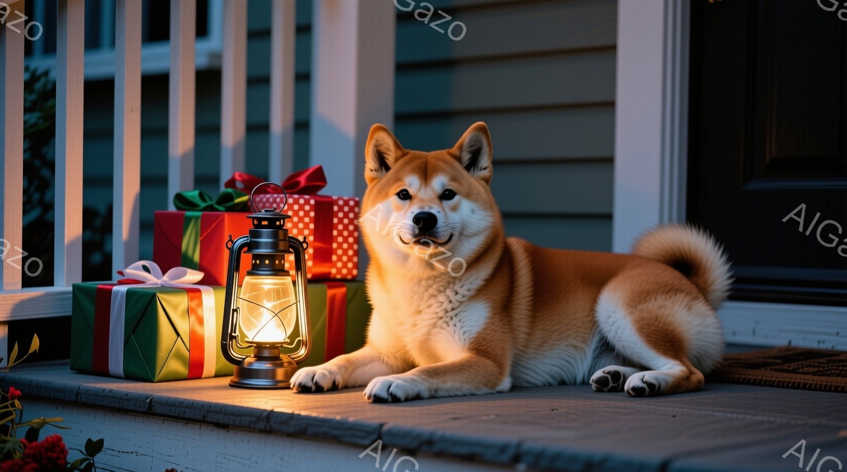 柴犬が家の玄関の段差に横たわっており、落ち着いた表情で正面を見つめています。背景には赤いギフトボックスの山と、灯りが灯ったレトロなランタンが置かれ、温かい光を放っています。木製のデッキと暗い背景が、穏 - AI生成フリー素材