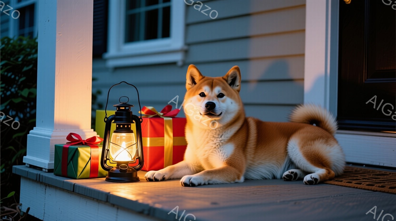 玄関のステップに柴犬が横たわり、そばには緑と赤のリボンで飾られたプレゼントの箱と点灯したランタンが置かれている。犬は口角が上がり、リラックスした表情でこちらを見ている。背景には白い外壁の家と薄暗い夜の - AI生成フリー素材