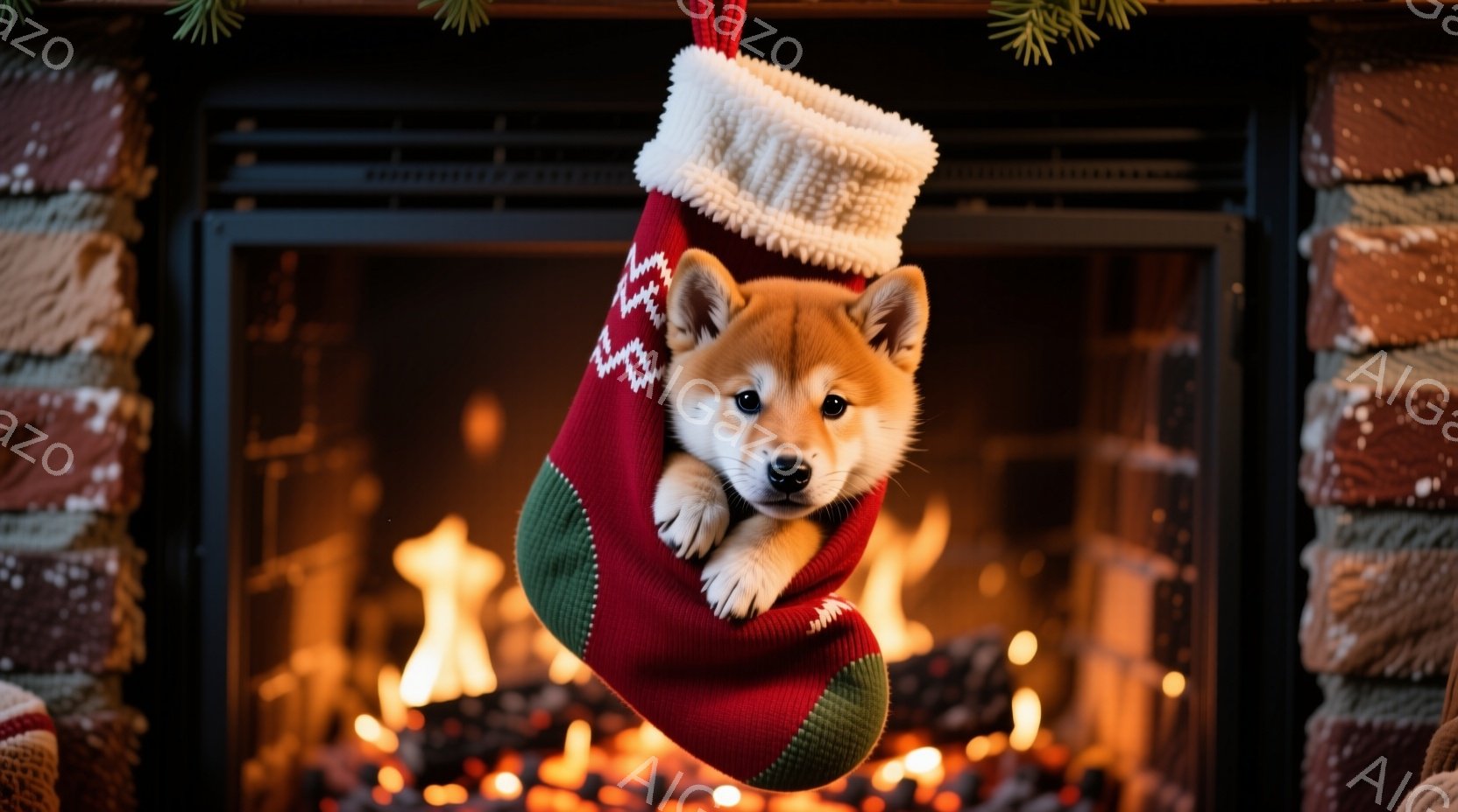 赤いクリスマスストッキングの中に、柴犬の子犬が可愛らしく顔を出しています。子犬は少し緊張した表情で、前足をストッキングの縁にかけ、こちらを見ています。背景には暖炉の炎が燃え盛り、暖かく幸せな雰囲気を醸 - AI生成フリー素材