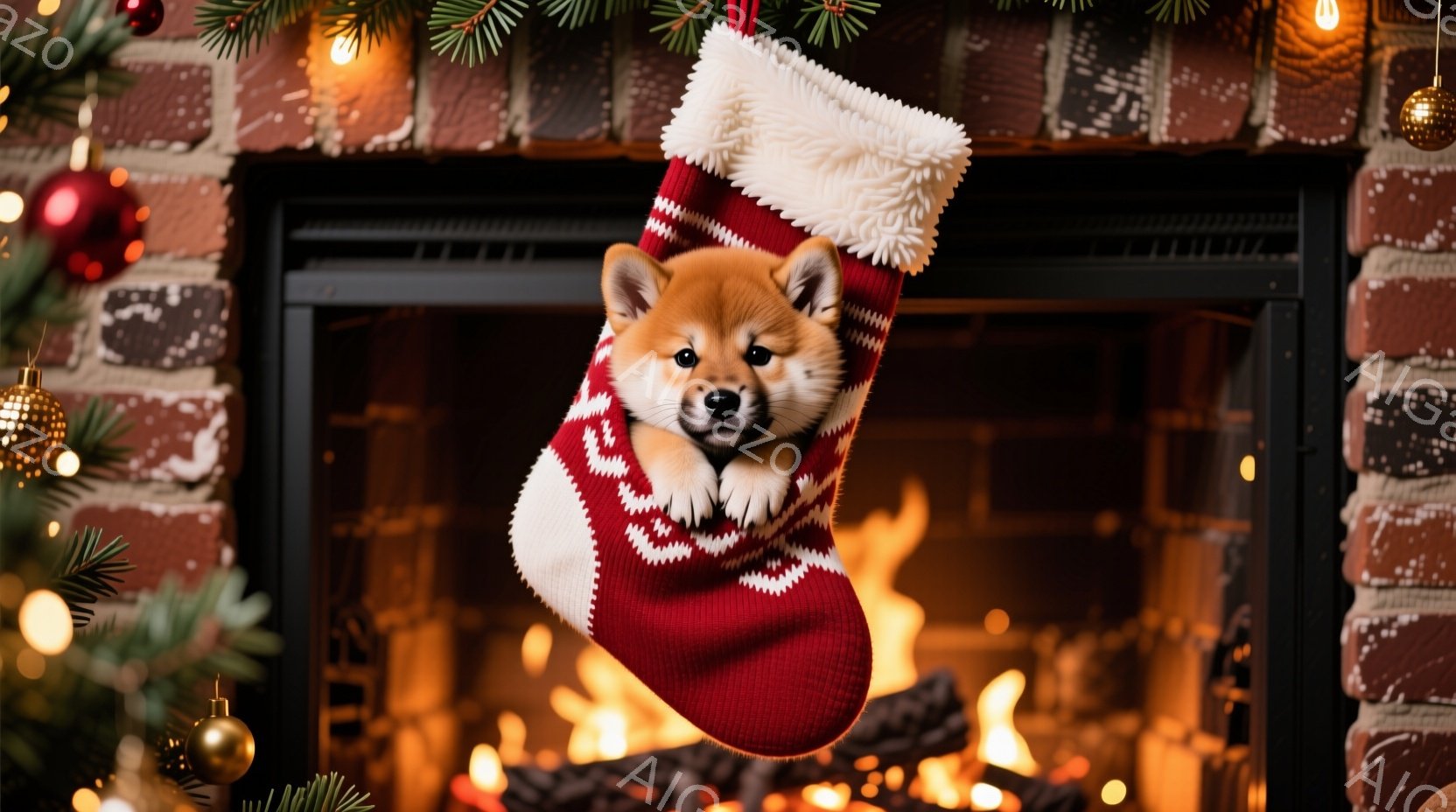 赤いクリスマスストッキングの中に、柴犬の子犬が可愛らしく顔を出しています。子犬は少し困ったような表情で、好奇心旺盛にこちらを見ています。背景にはレンガ造りの暖炉と、クリスマスの飾り付け、そして暖かく揺 - AI生成フリー素材