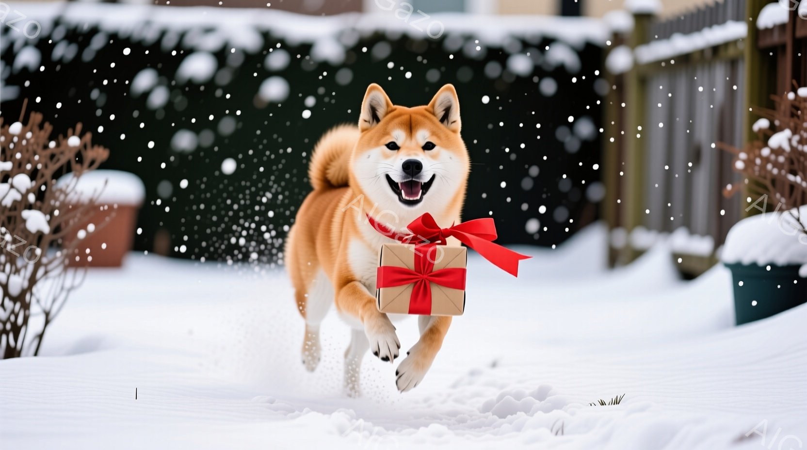 雪景色の中、柴犬がプレゼントを口にくわえて走り去る姿が捉えられています。犬は嬉しそうな表情で、雪を踏みしめながら勢いよく駆けています。背景には緑色のフェンスと雪に覆われた植物があり、冬の暖かく楽しい雰囲気を醸し出しています。