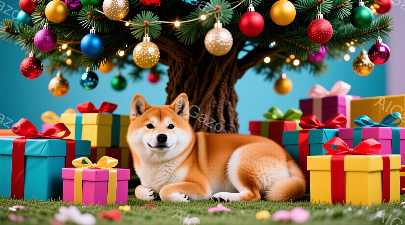 柴犬が、クリスマスツリーの足元に、カラフルなプレゼントの山に囲まれて横たわっています。 柴犬は、リラックスした表情で、まっすぐ前を見つめています。背景には緑の芝生と、オーナメントで飾られたクリスマスツ - AI生成フリー素材