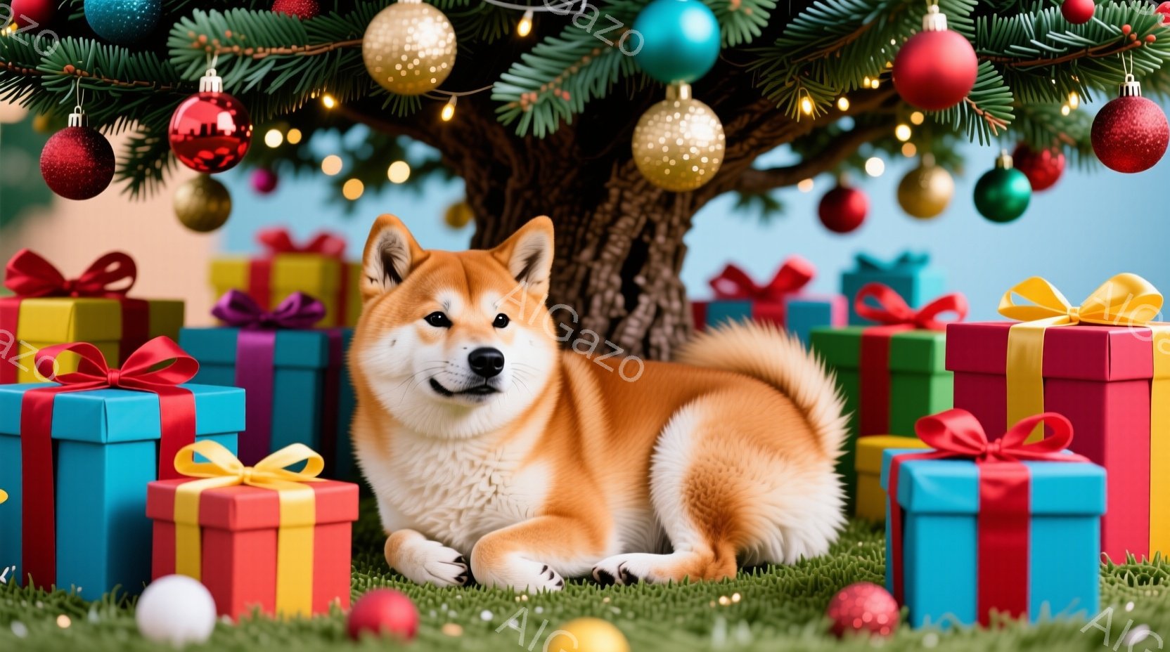 鮮やかなプレゼントボックスに囲まれた、愛らしい柴犬がリラックスして横たわっています。背景には、オーナメントで飾られたクリスマスツリーがそびえ立ち、緑の芝生の上にカラフルなオーナメントが散らばっています - AI生成フリー素材