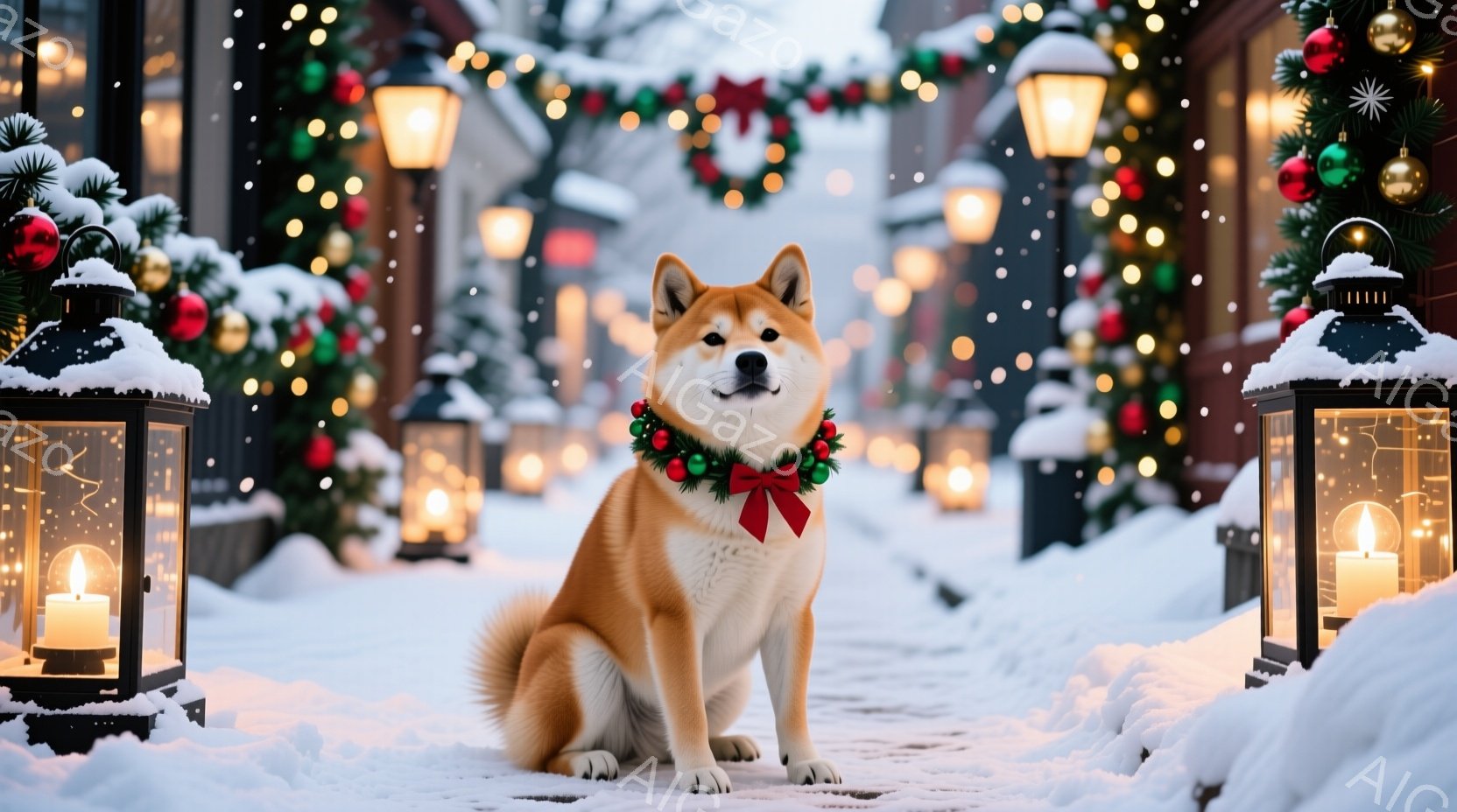 柴犬が雪に覆われた道に座っており、首には赤いリボンと葉っぱの飾りをつけている。背景にはクリスマスツリーや装飾が施された建物があり、雪が舞っている様子から冬の暖かい雰囲気が伝わってくる。灯篭の灯りが犬を - AI生成フリー素材