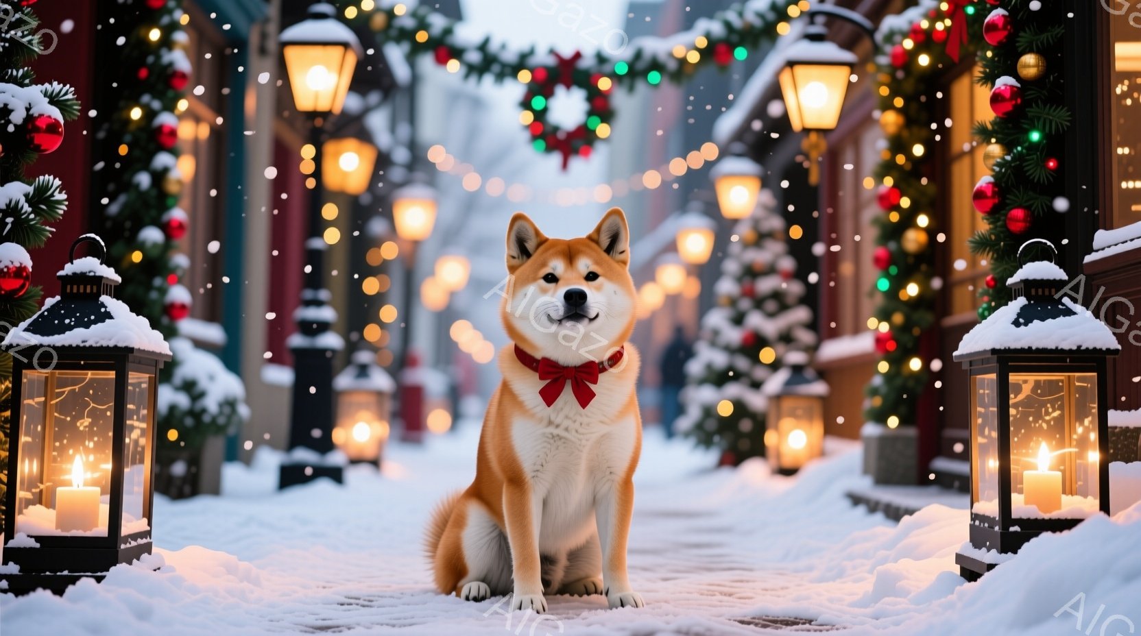 柴犬が雪道に座っており、赤いリボンを首に巻いています。背景にはクリスマスの飾り付けがされた建物や灯りが並び、雪が舞い散る冬の夜の様子が描かれています。温かく、お祝いムード満載の、穏やかな雰囲気が漂って - AI生成フリー素材