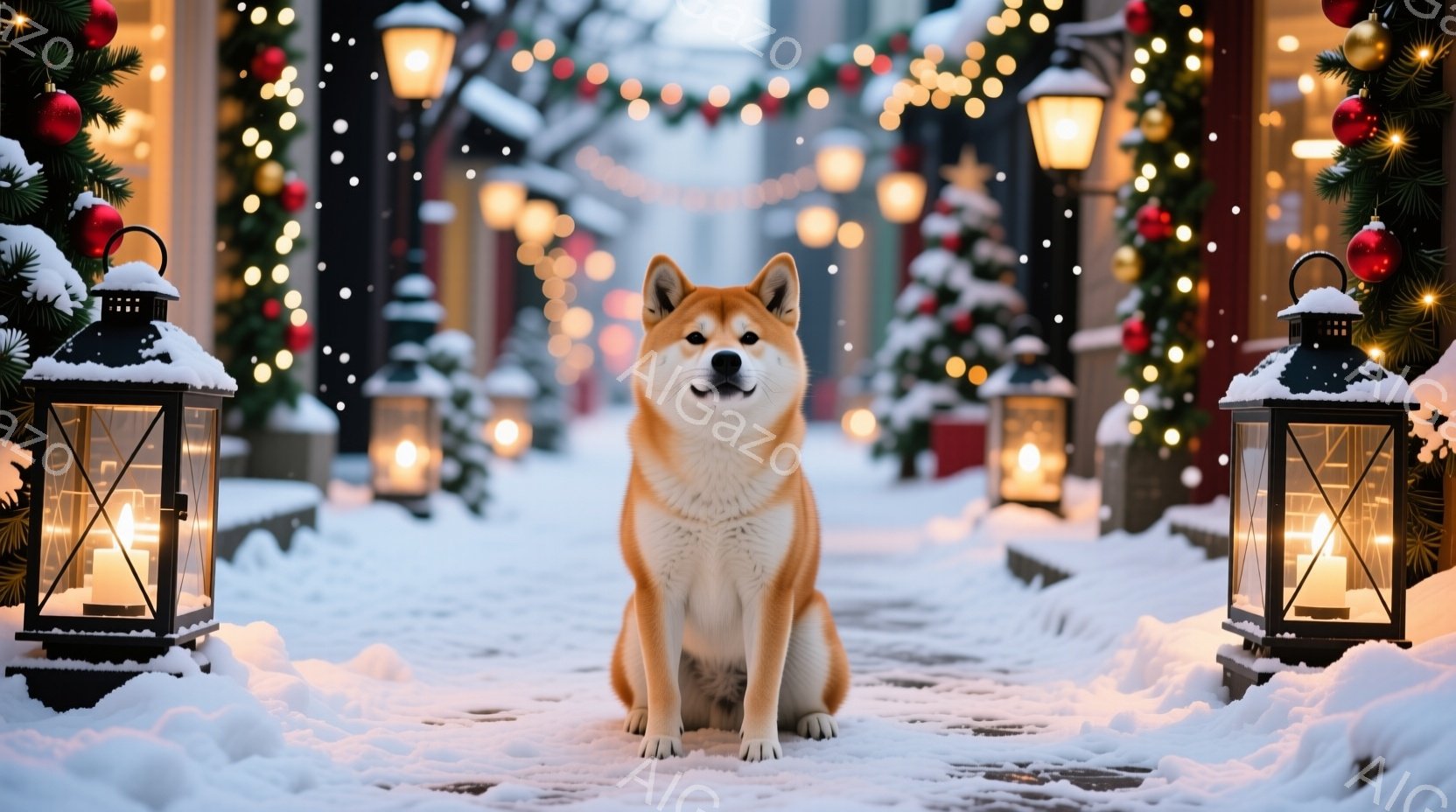雪景色の中、柴犬がまっすぐ前を見て座っています。周囲にはクリスマスの飾り付けが施された街路があり、点灯されたランタンが暖かく照らしています。全体的に穏やかで、冬のホリデーシーズンらしい雰囲気です。 - AI生成フリー素材