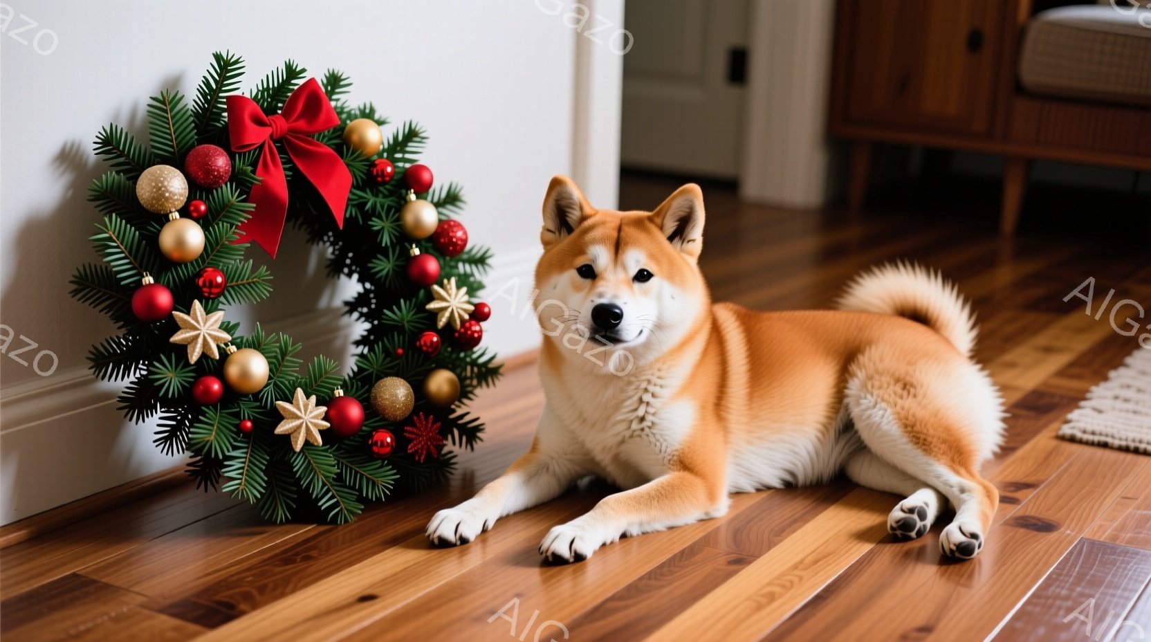 暖炉のそばの木の床に、柴犬が横たわっています。背景にはクリスマスリースがあり、犬はリラックスした表情で正面を見ています。温かく居心地の良い雰囲気で、冬のホリデーシーズンを連想させます。 - AI生成フリー素材