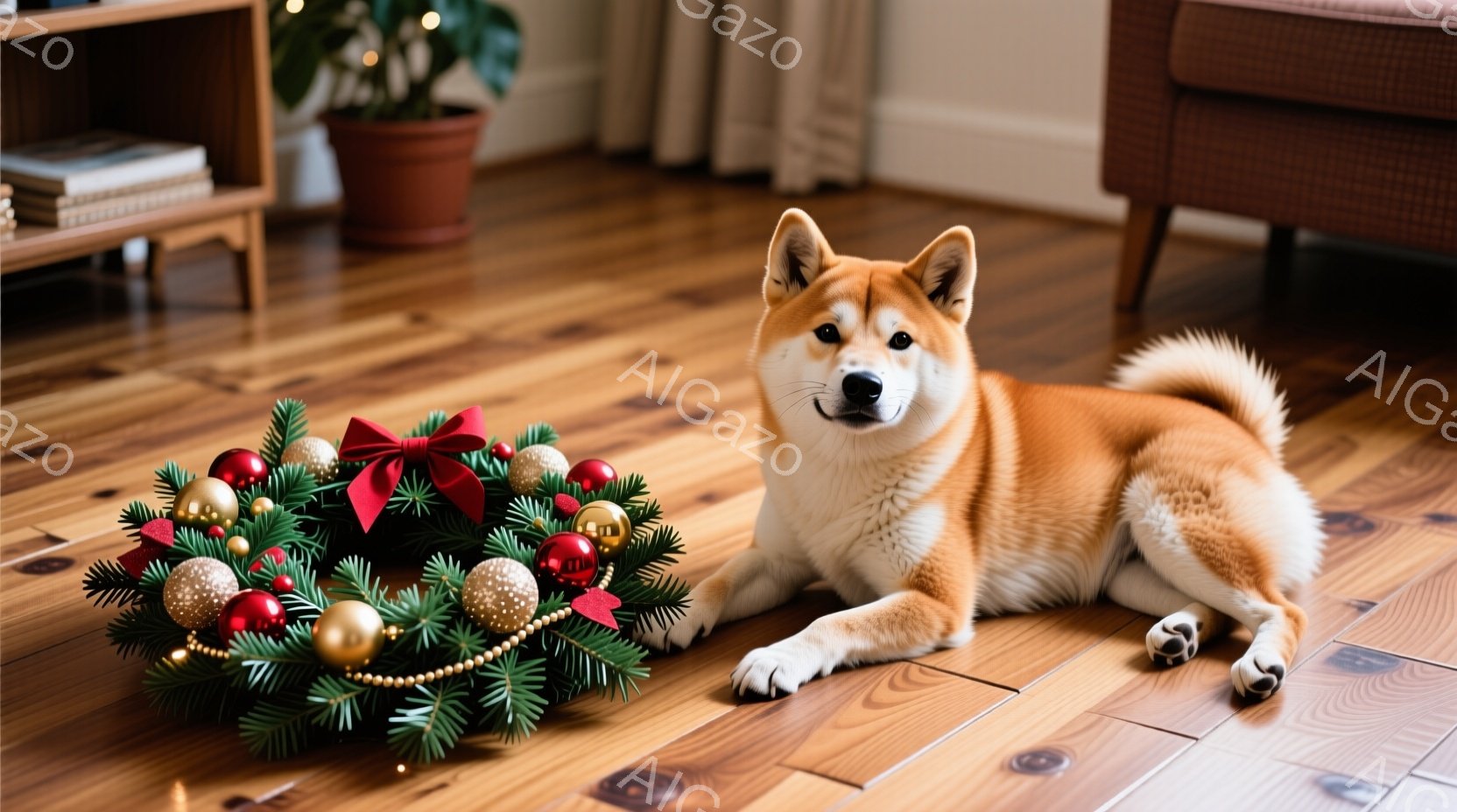 明るい木の床に、柴犬がリラックスして横たわっています。その隣には、赤いリボンと金色のボールで飾られたクリスマスリースが置かれています。背景には植物が飾られた棚と、クリーム色のカーテンが見え、温かく居心 - AI生成フリー素材