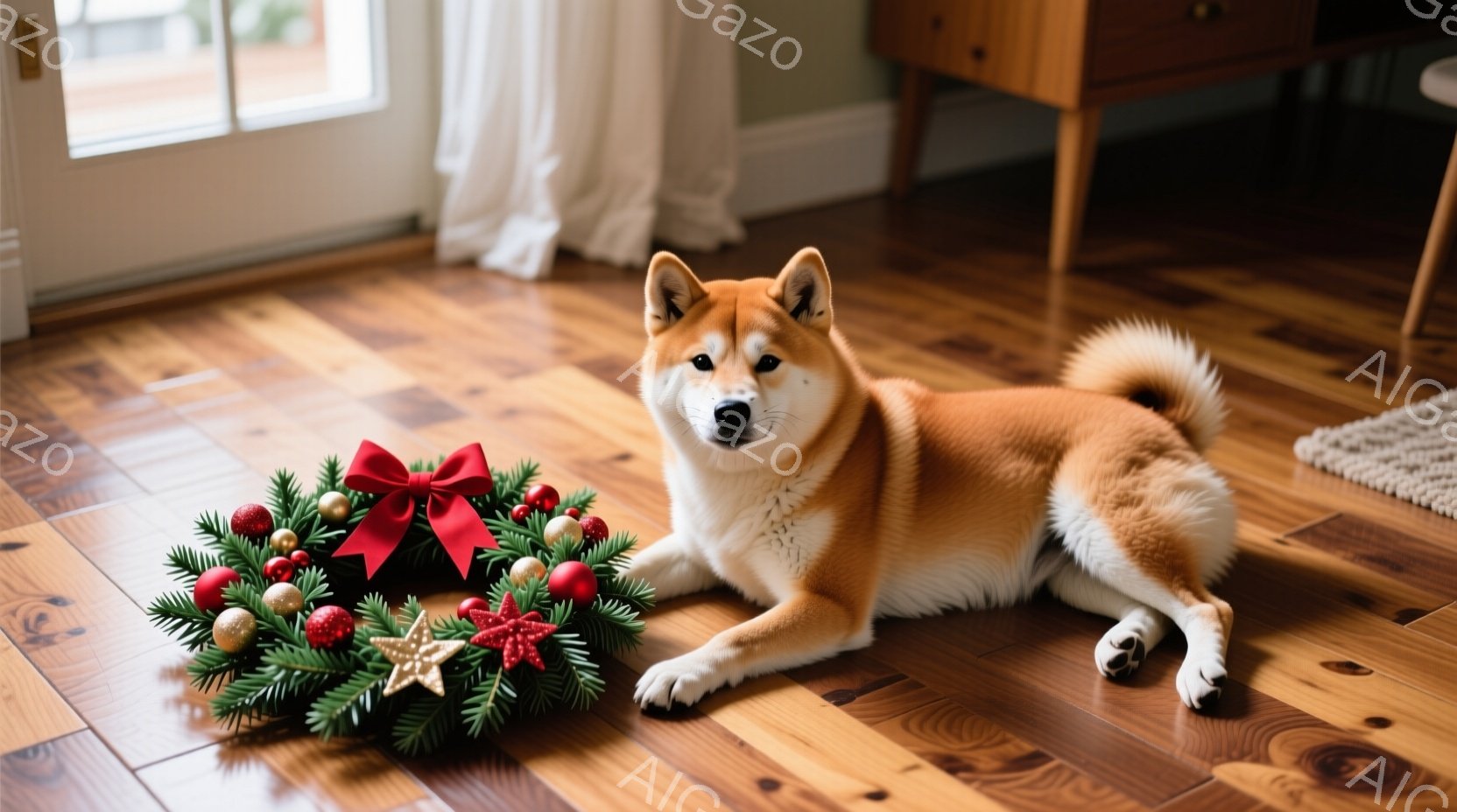 鮮やかな赤毛の柴犬が、木の床に横たわっています。その隣には、赤いリボンと金色の星で飾られたクリスマスリースが置かれています。背景には白いカーテンと木製の家具が見え、温かみのある室内でリラックスした雰囲 - AI生成フリー素材