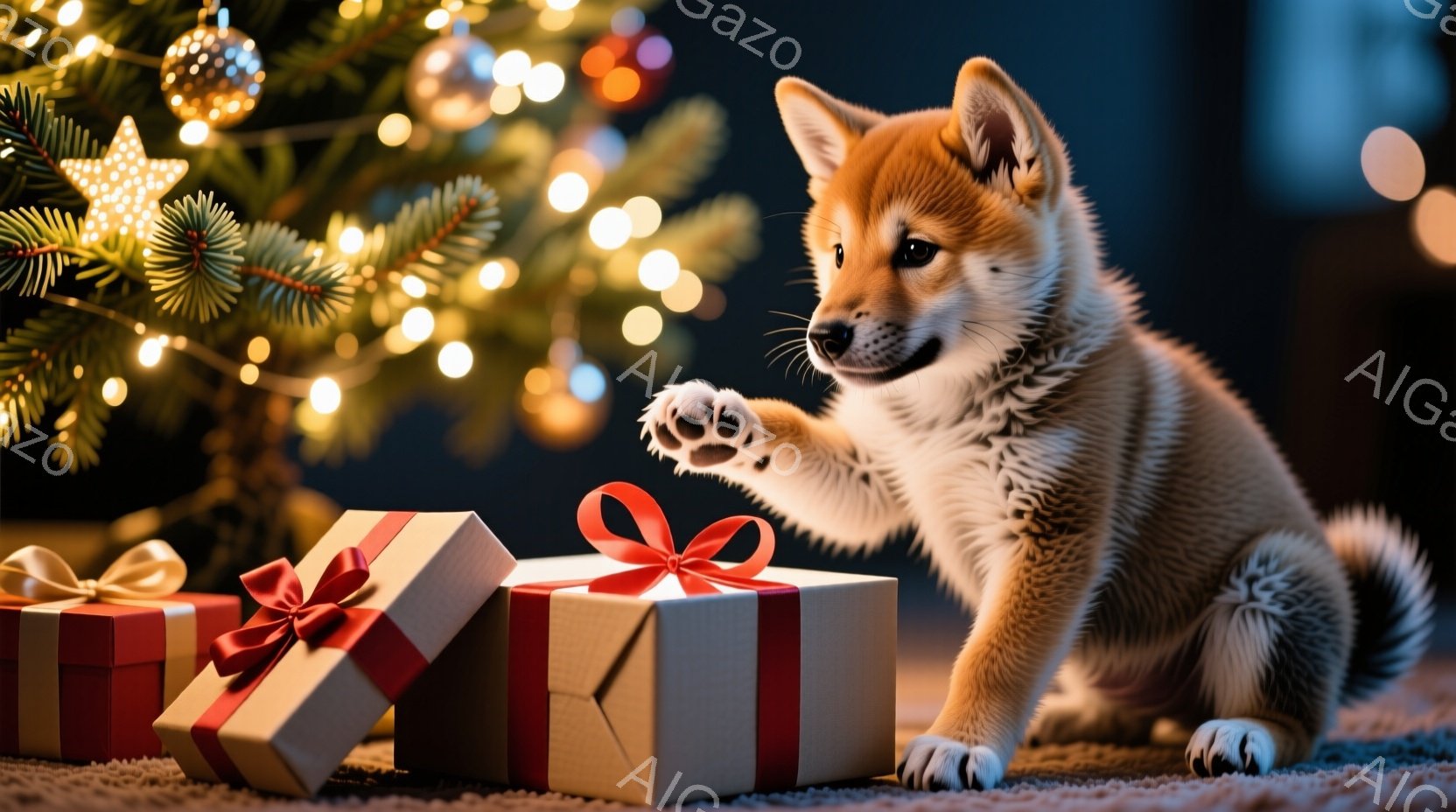 小さな秋田犬の子犬が、赤いリボンで飾られたプレゼントボックスの周りにいます。子犬は前足を伸ばして遊び心のあるポーズをとっており、好奇心と楽しそうな表情をしています。背景にはぼやけたクリスマスツリーの光 - AI生成フリー素材