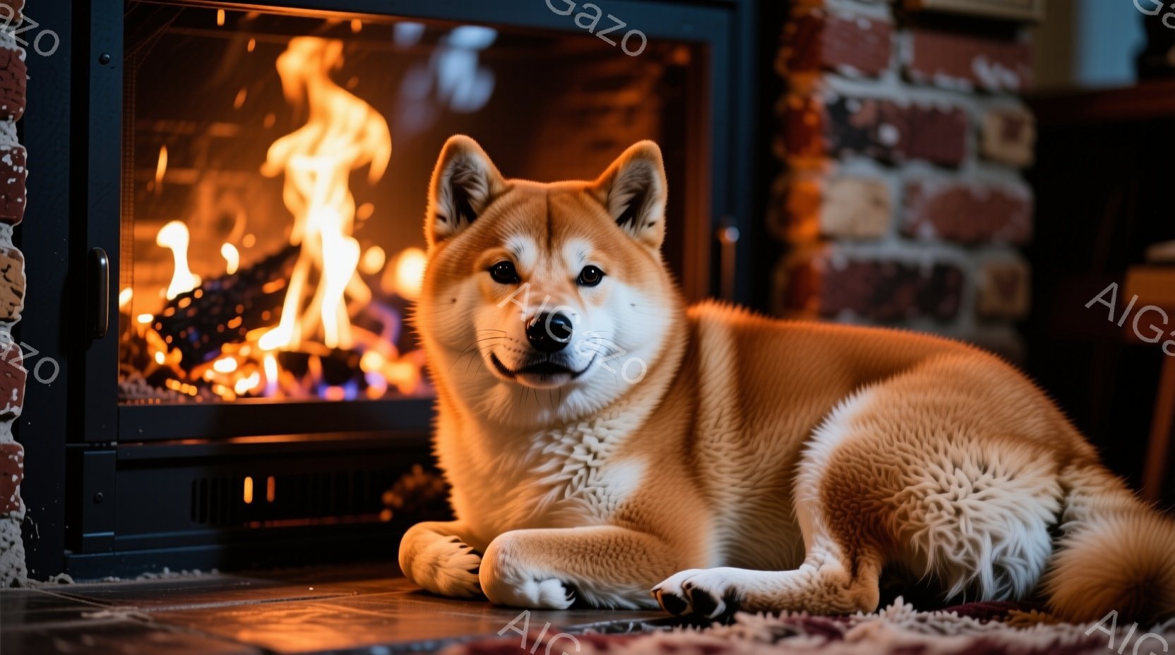 暖炉の前に座っている秋田犬が描かれています。犬はリラックスした表情で、真っ赤な毛並みが暖炉の炎のオレンジ色とコントラストをなしています。背景にはレンガ造りの暖炉があり、床には複雑な模様のラグが敷かれて - AI生成フリー素材