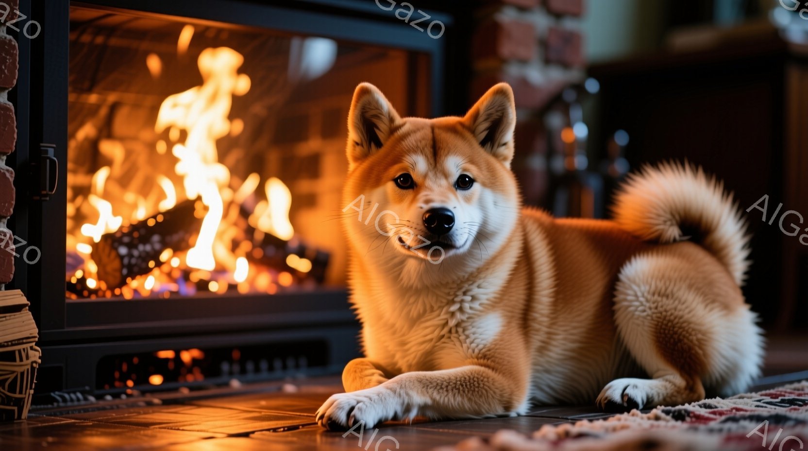 暖炉の前に座っている秋田犬が写っています。犬はクリーム色と白の毛並みで、穏やかでリラックスした表情をしています。背景には暖炉の炎が燃え盛り、部屋全体を暖かく照らし、居心地の良い雰囲気を醸し出しています - AI生成フリー素材