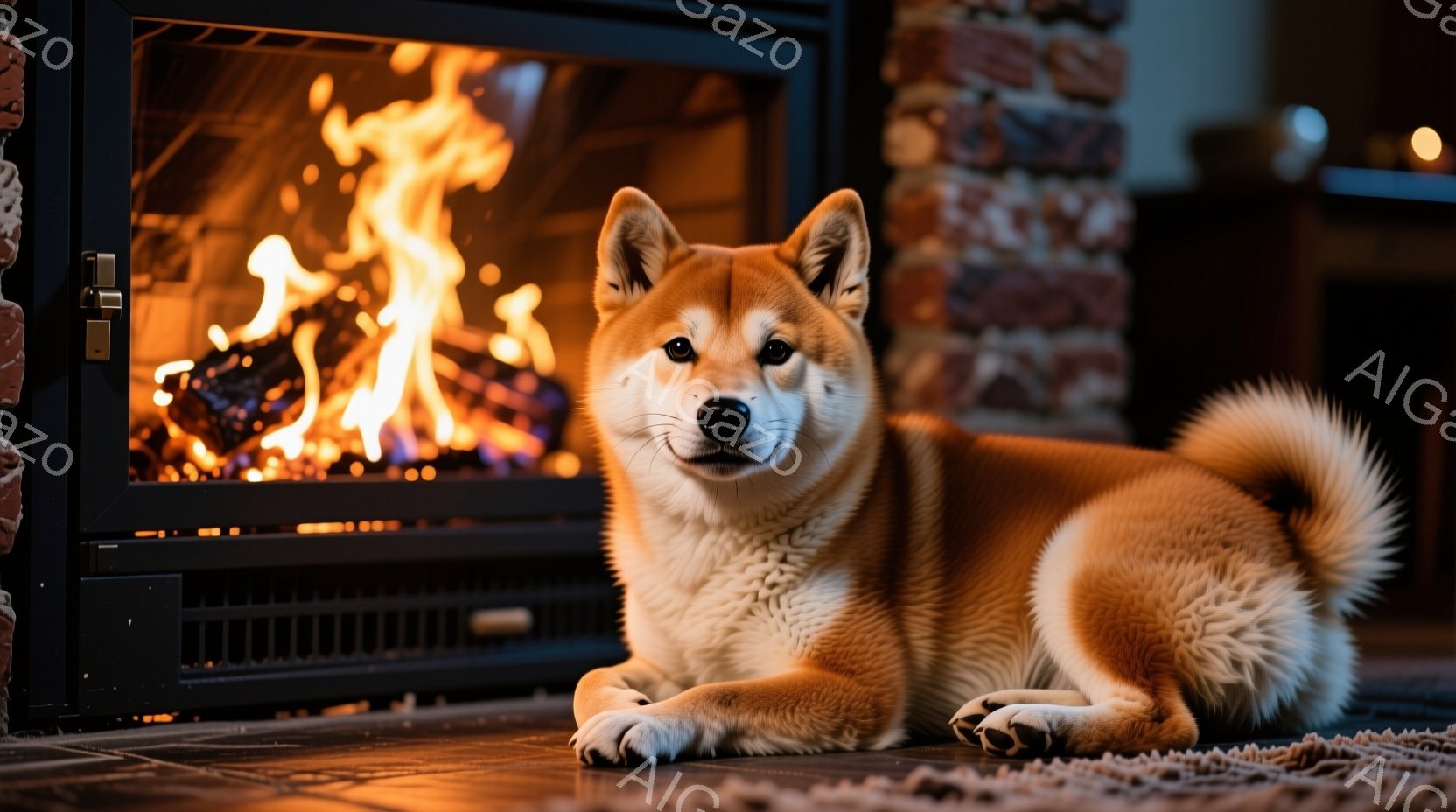 柴犬が暖炉の前で横たわっており、リラックスした表情をしています。背景には燃え盛る炎とレンガ造りの暖炉があり、温かくて居心地の良い雰囲気を醸し出しています。床には敷物が敷かれており、犬がくつろげる空間を - AI生成フリー素材